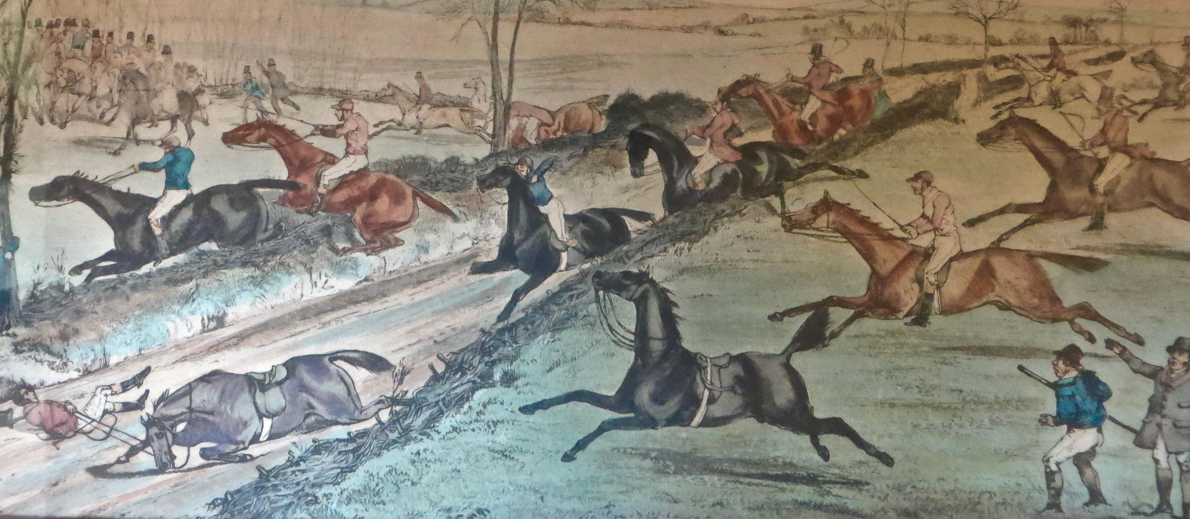Victorien, 19e siècle. Lithographie britannique de course de chevaux en verre inversé mat, vers 1875 Bon état - En vente à Incline Village, NV
