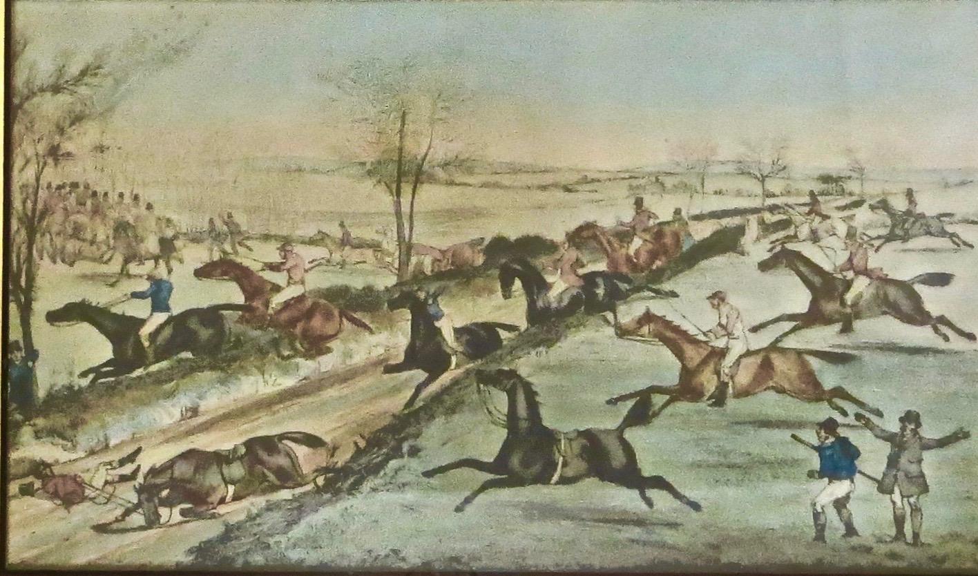 Verre Victorien, 19e siècle. Lithographie britannique de course de chevaux en verre inversé mat, vers 1875 en vente