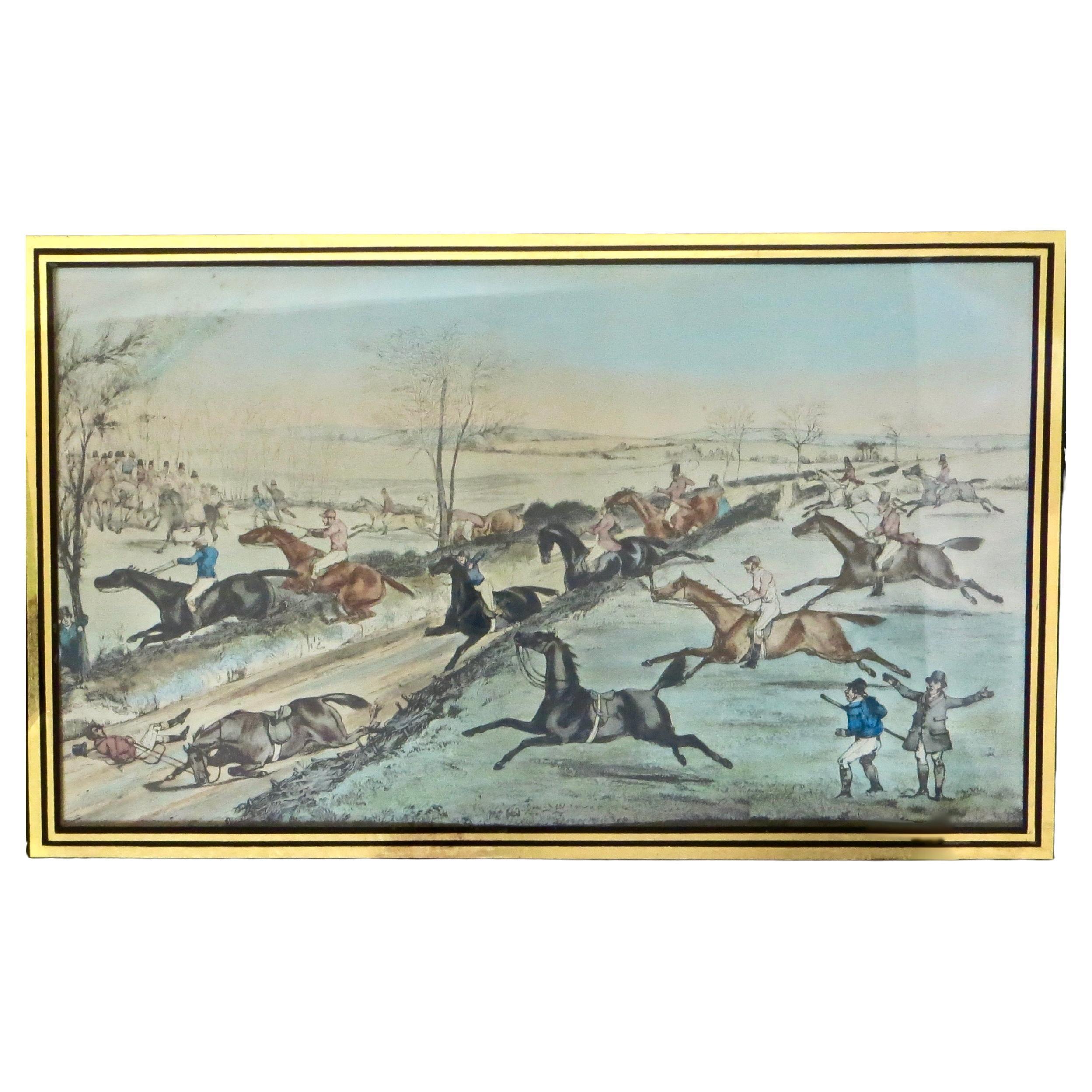 Victorien, 19e siècle. Lithographie britannique de course de chevaux en verre inversé mat, vers 1875 en vente