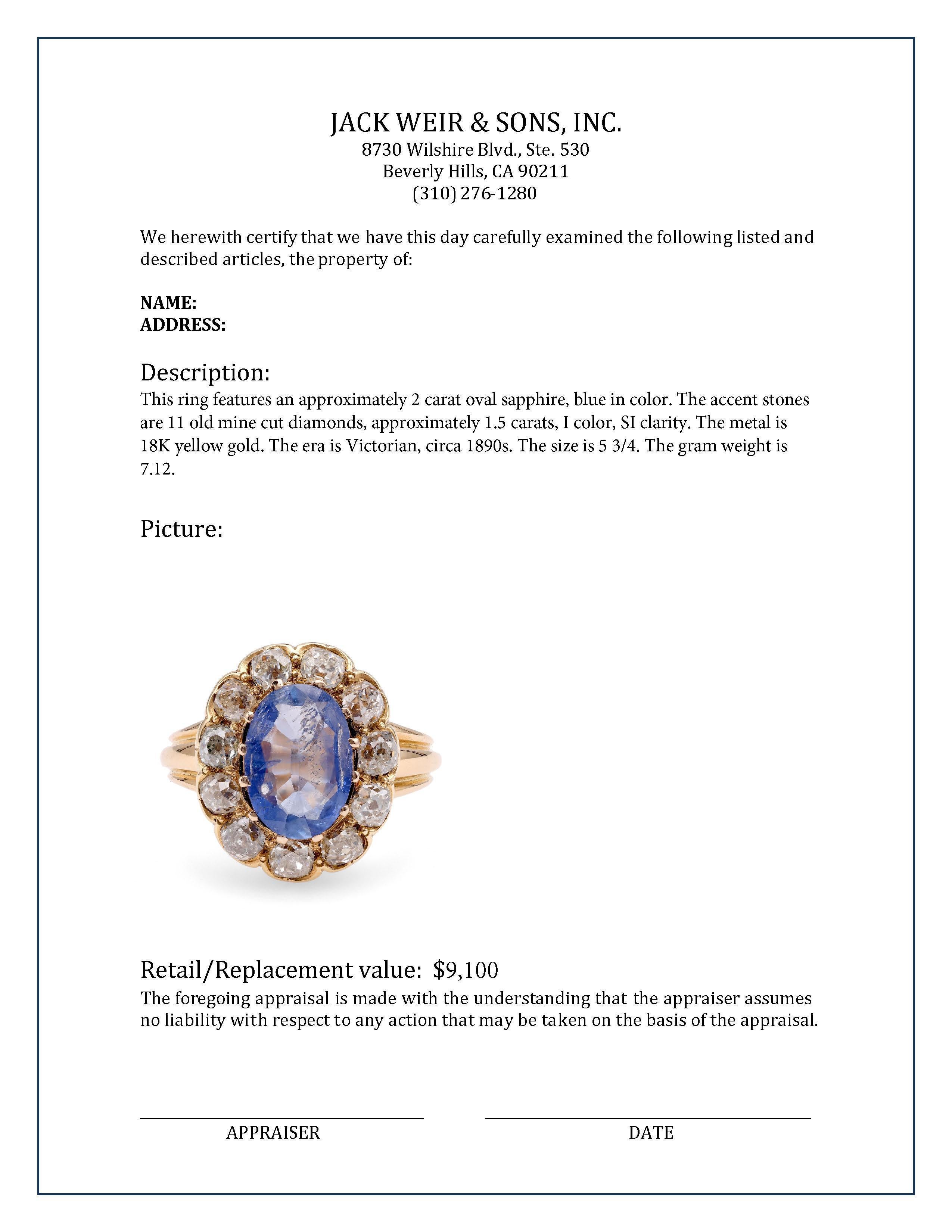 Anillo victoriano en racimo de oro amarillo de 18 quilates con zafiro y diamantes de 2 quilates Corte oval