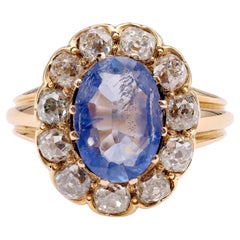 Anillo victoriano en racimo de oro amarillo de 18 quilates con zafiro y diamantes de 2 quilates