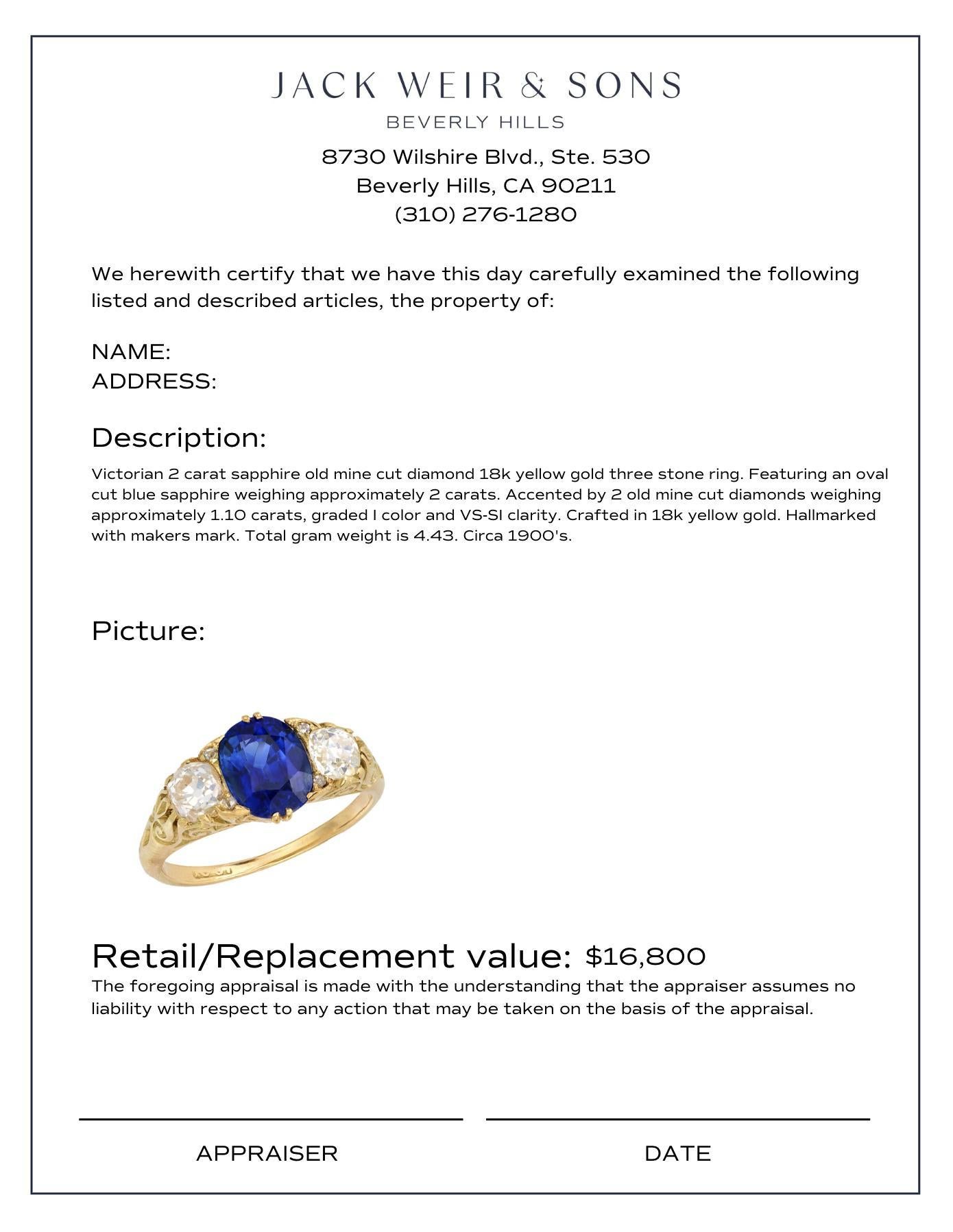 Women's Victorian 2 carat sapphire old mine cut diamond 18k yellow gold three stone ring For Sale