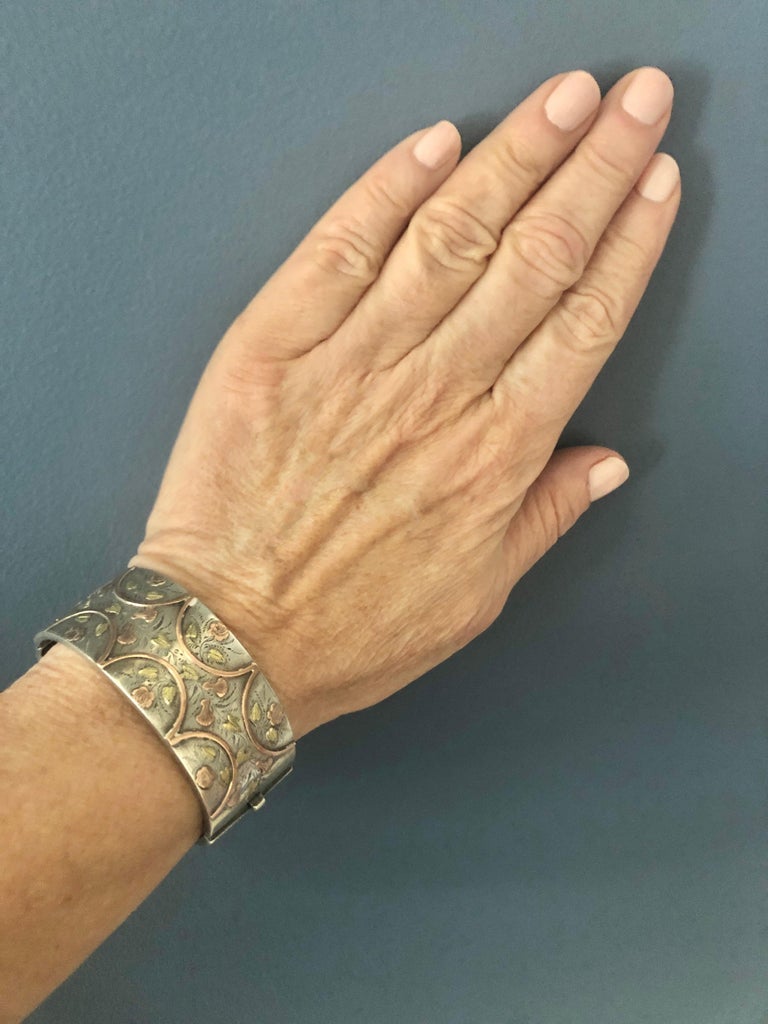 Victorian 2 Color Gold Bangle Bracelet of Carved Leaves Lilies and