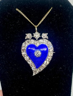 Victorian 2 CT Rose Diamond Enamel Heart Pendant Necklace Brooch 14K Gold