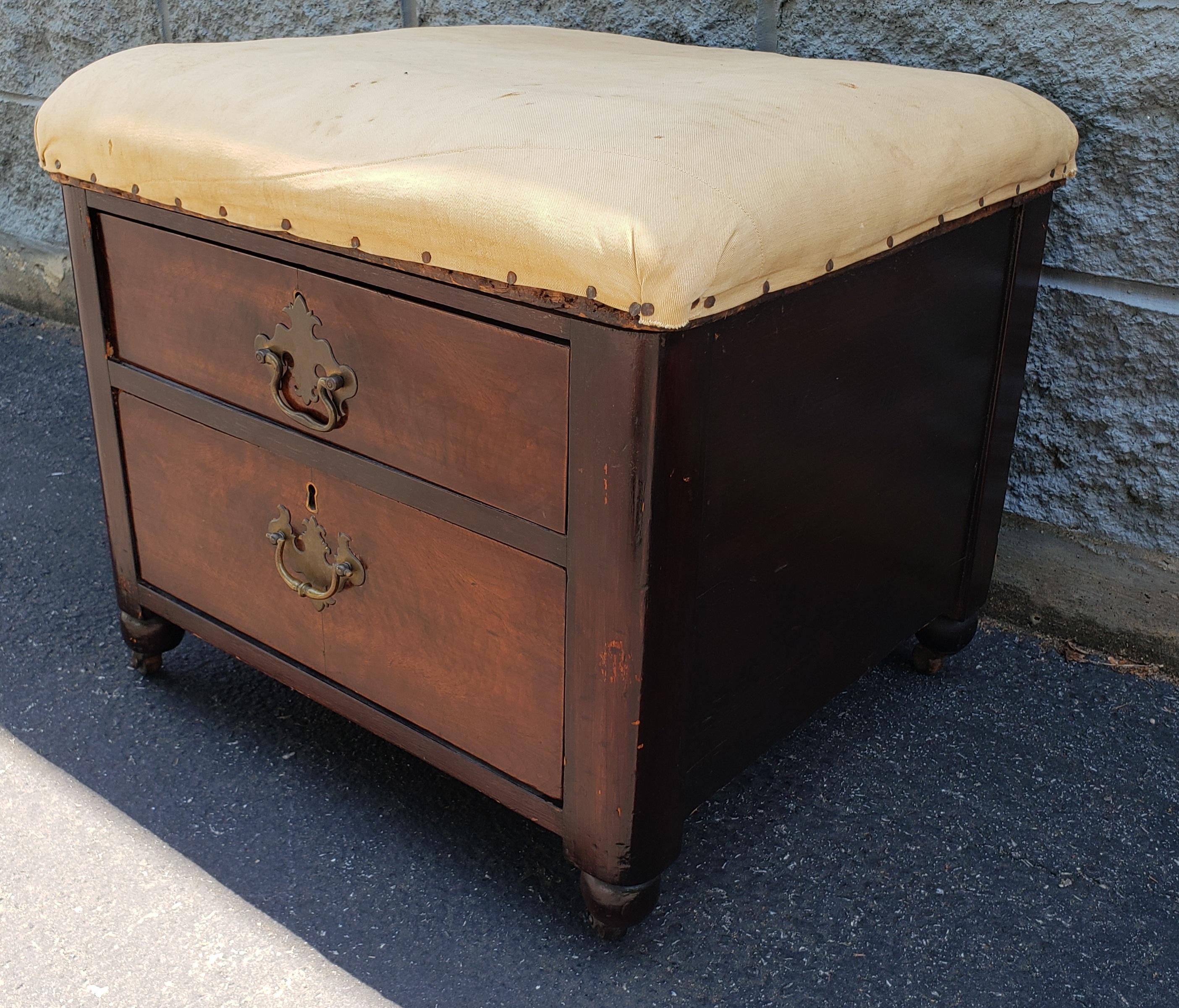 American Victorian 2-Drawer Mahogany Upholstered Stool on Wheels For Sale