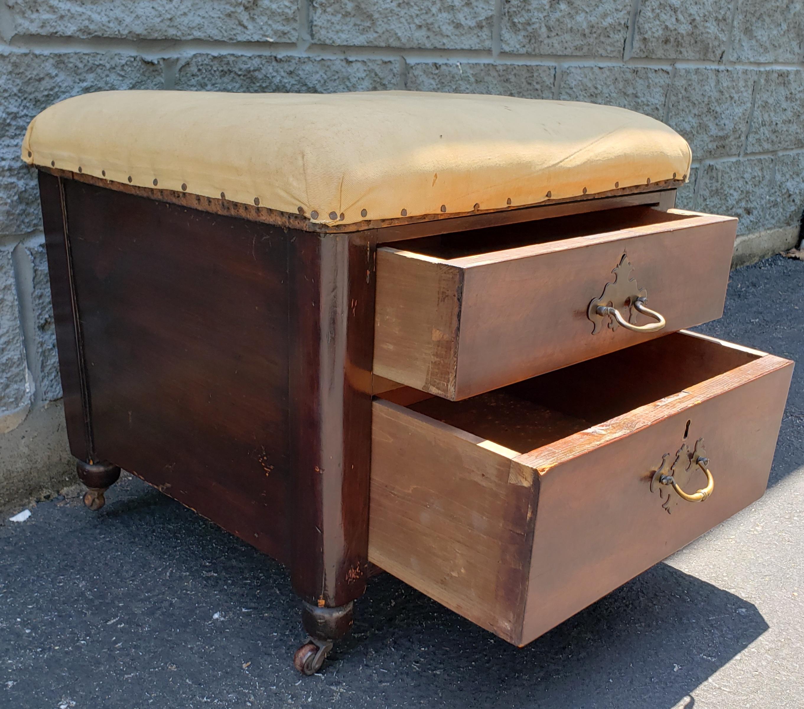 Victorian 2-Drawer Mahogany Upholstered Stool on Wheels In Good Condition For Sale In Germantown, MD