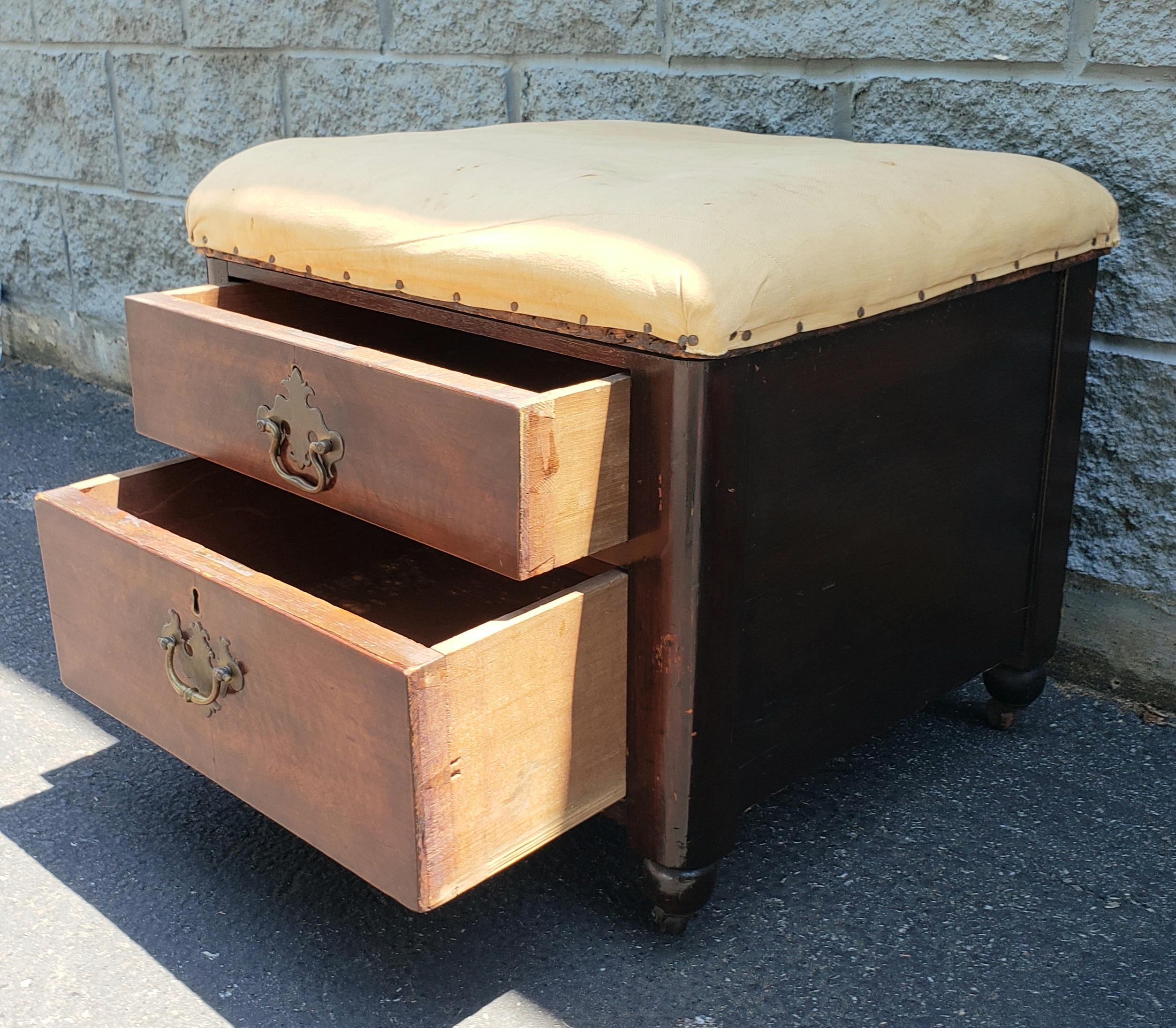 20th Century Victorian 2-Drawer Mahogany Upholstered Stool on Wheels For Sale