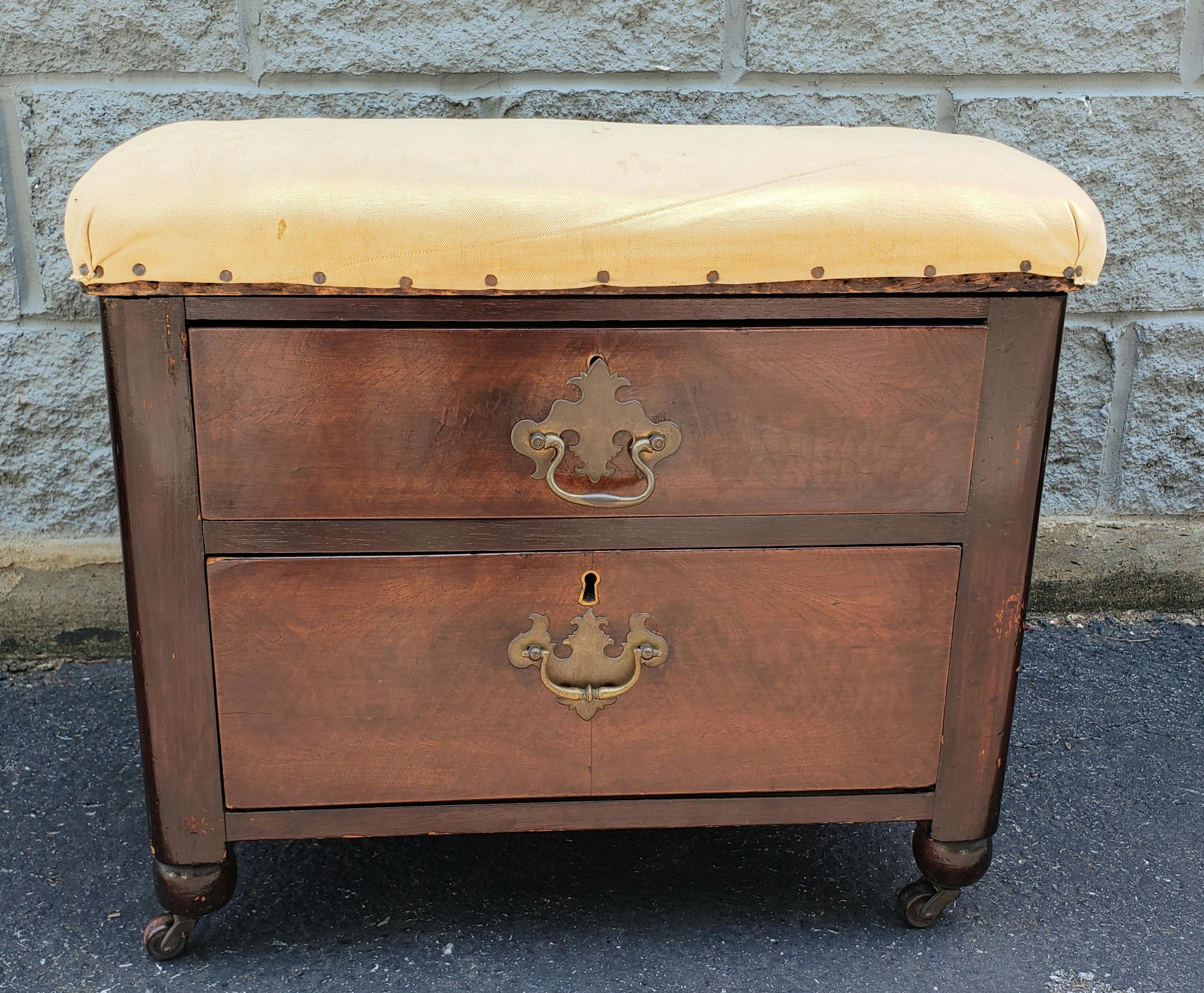 Victorian 2-Drawer Mahogany Upholstered Stool on Wheels For Sale 2