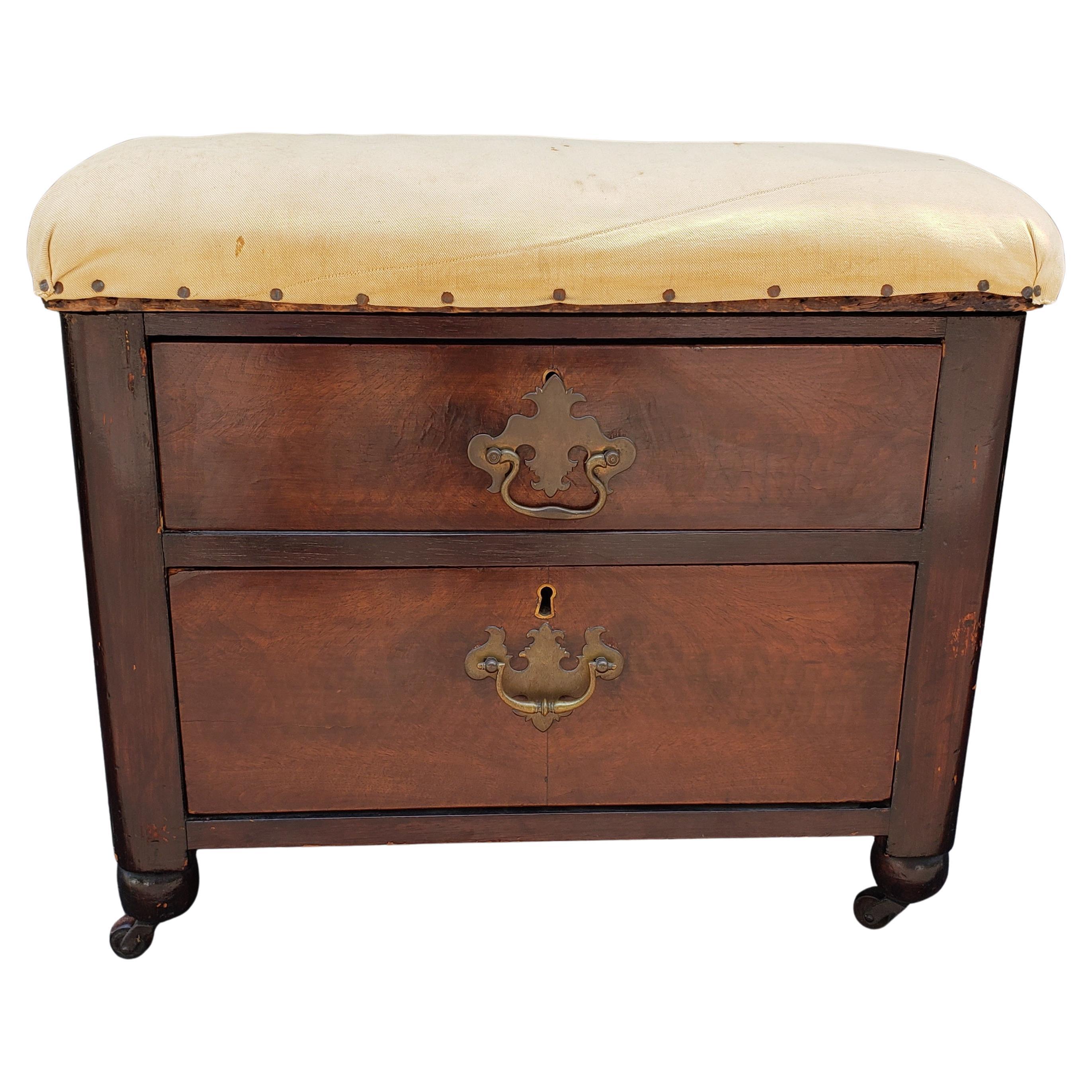 Victorian 2-Drawer Mahogany Upholstered Stool on Wheels