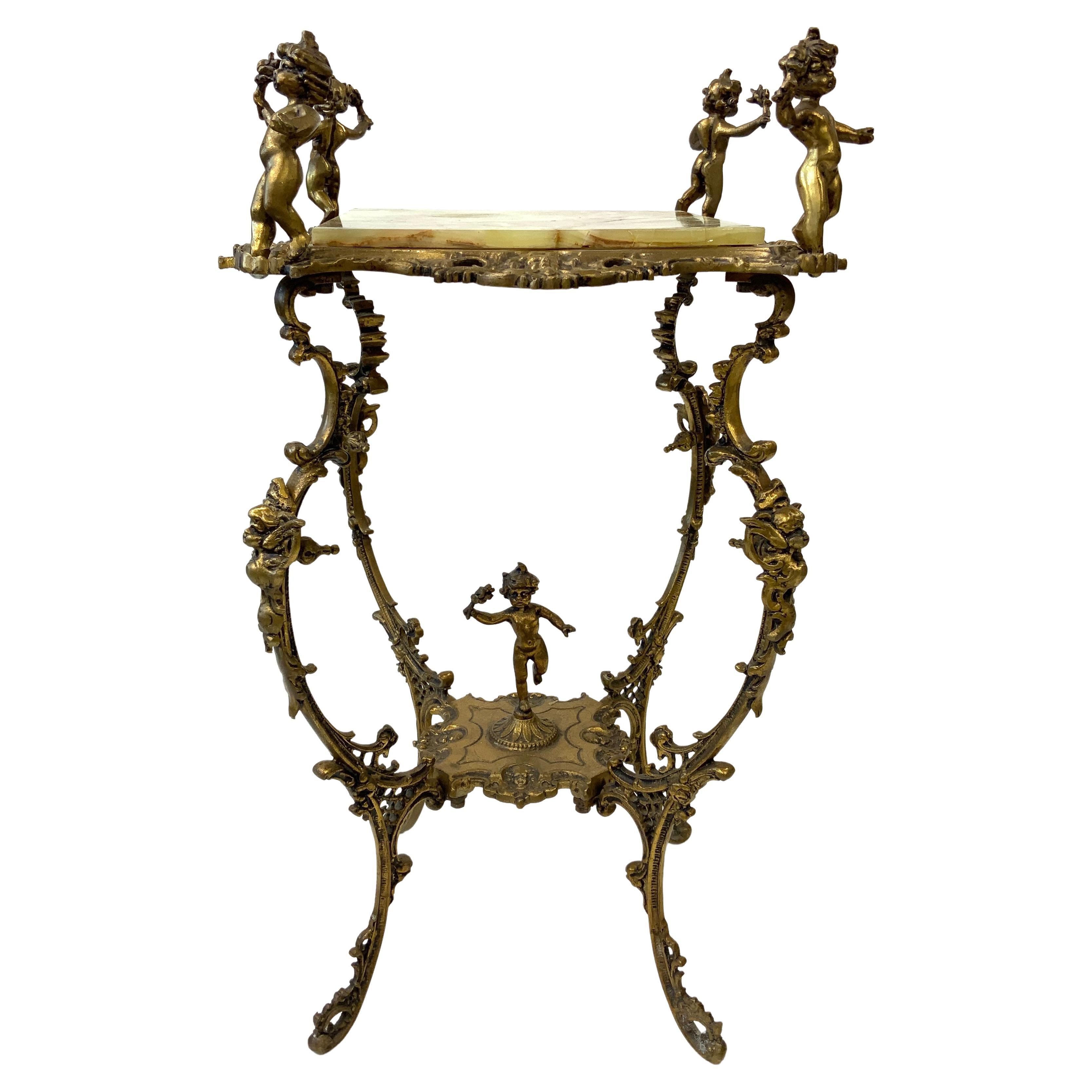 Victorian 2-Tier Brass and Onyx Plant Stand with Figural Putti For Sale