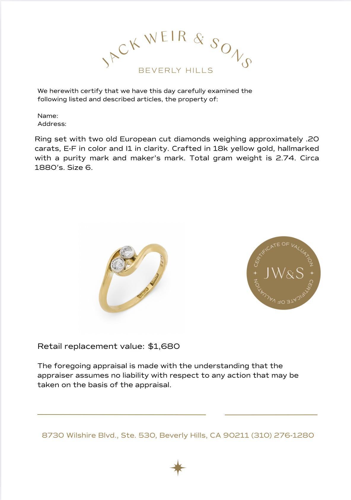 Bague victorienne à deux pierres en or jaune 18k, diamant de taille européenne ancienne de 0,20 carat en vente 1