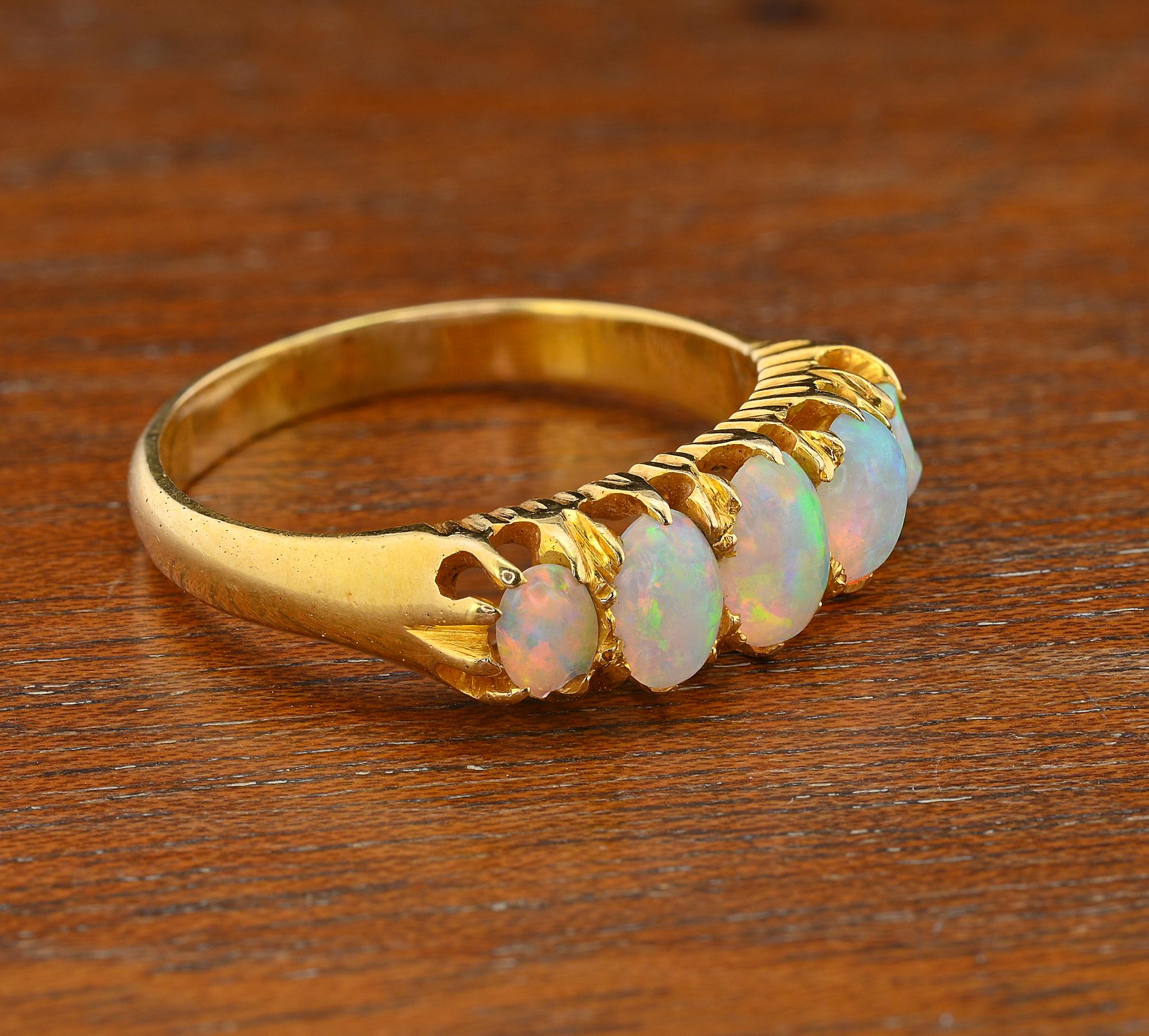 Cabochon Victorian 2.0 Ct Opal Five Stone 18 Kt Ring For Sale