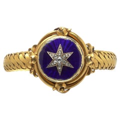 Victorian 20 Karat Gold Blue Enamel Diamond Star Locket Bracelet, Circa 1880s