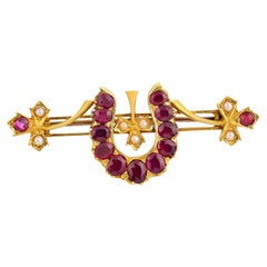 Victorian 2.00 carat ruby seed pearl 14k yellow gold brooch
