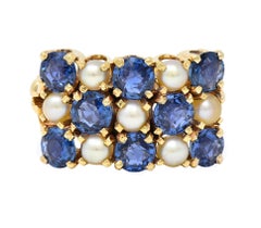 Victorian 2.00 CTW Sapphire Pearl 14 Karat Gold Antique Checkerboard Ring