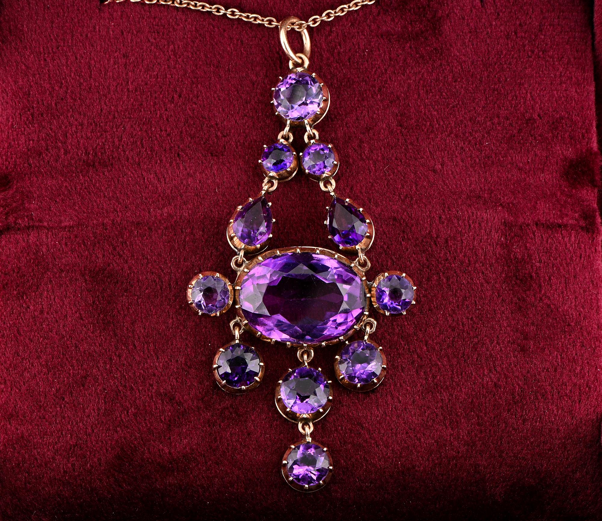 Purple Cascading
This outstanding Victorian pendant is 1890 ca
Superbly hand crafted of solid 9 KT gold- possibly English origin
Tasteful and impressive design given by a combination of natural Amethyst of various cuts, composing this timeless
