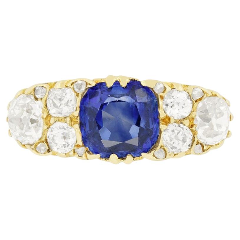 Victorian 2.00ct Sapphire and Diamond Carved Shank Ring, c.1880s