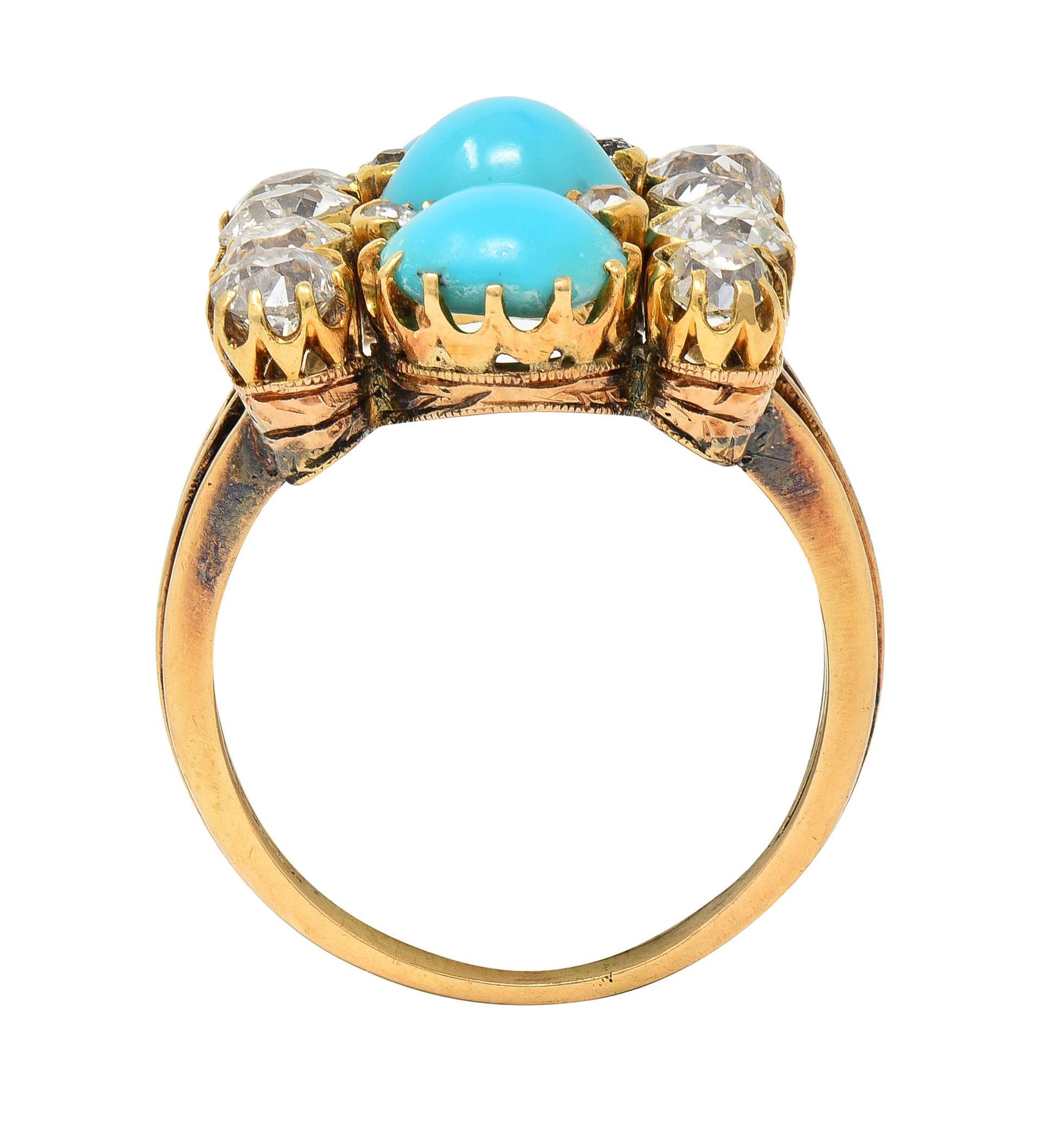 Victorian 2.01 CTW Diamond Turquoise 18 Karat Yellow Gold Antique Dinner Ring For Sale 5