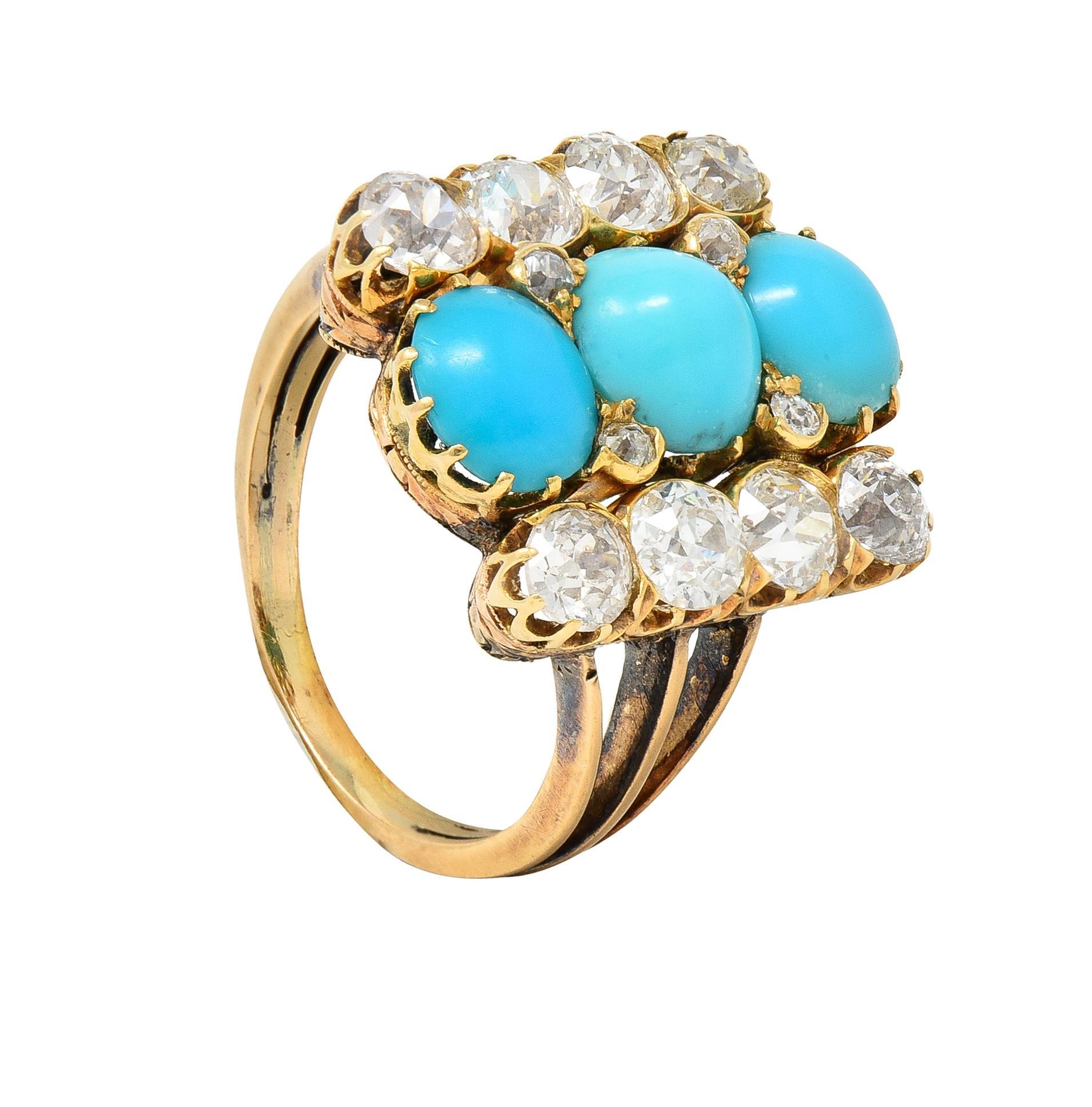 Victorian 2.01 CTW Diamond Turquoise 18 Karat Yellow Gold Antique Dinner Ring For Sale 6