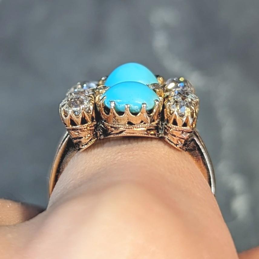 Victorian 2.01 CTW Diamond Turquoise 18 Karat Yellow Gold Antique Dinner Ring For Sale 8