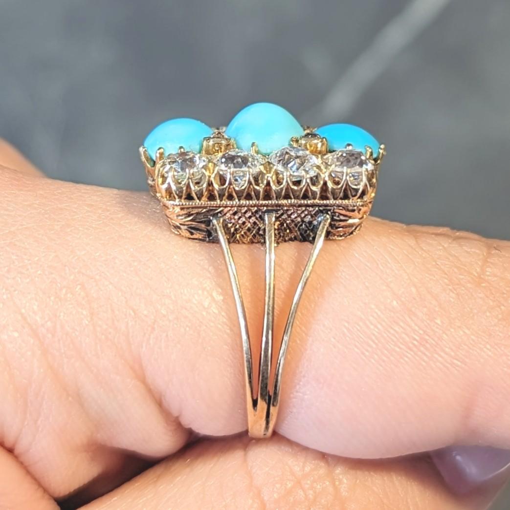 Victorian 2.01 CTW Diamond Turquoise 18 Karat Yellow Gold Antique Dinner Ring For Sale 9
