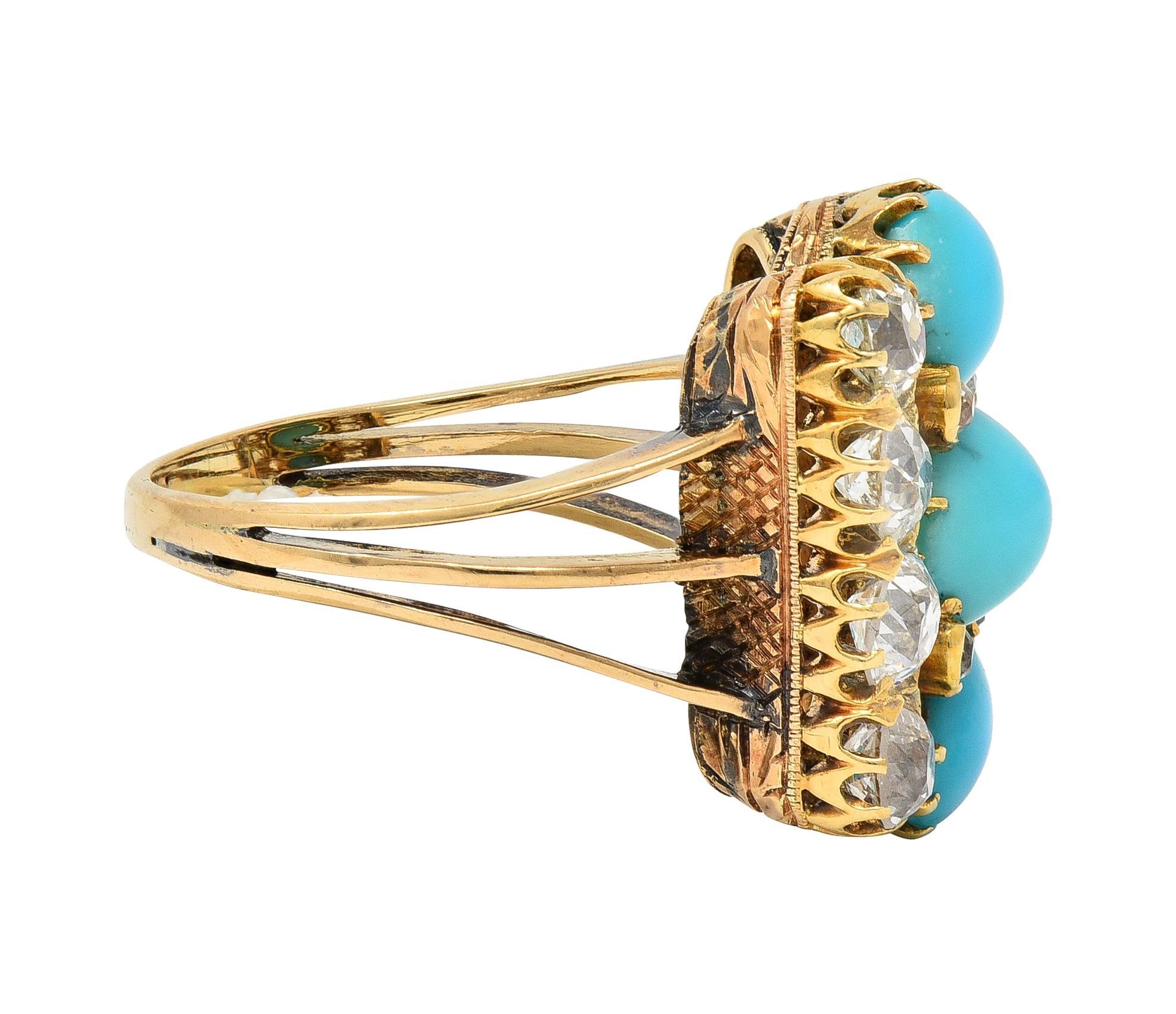 Bullet Cut Victorian 2.01 CTW Diamond Turquoise 18 Karat Yellow Gold Antique Dinner Ring For Sale