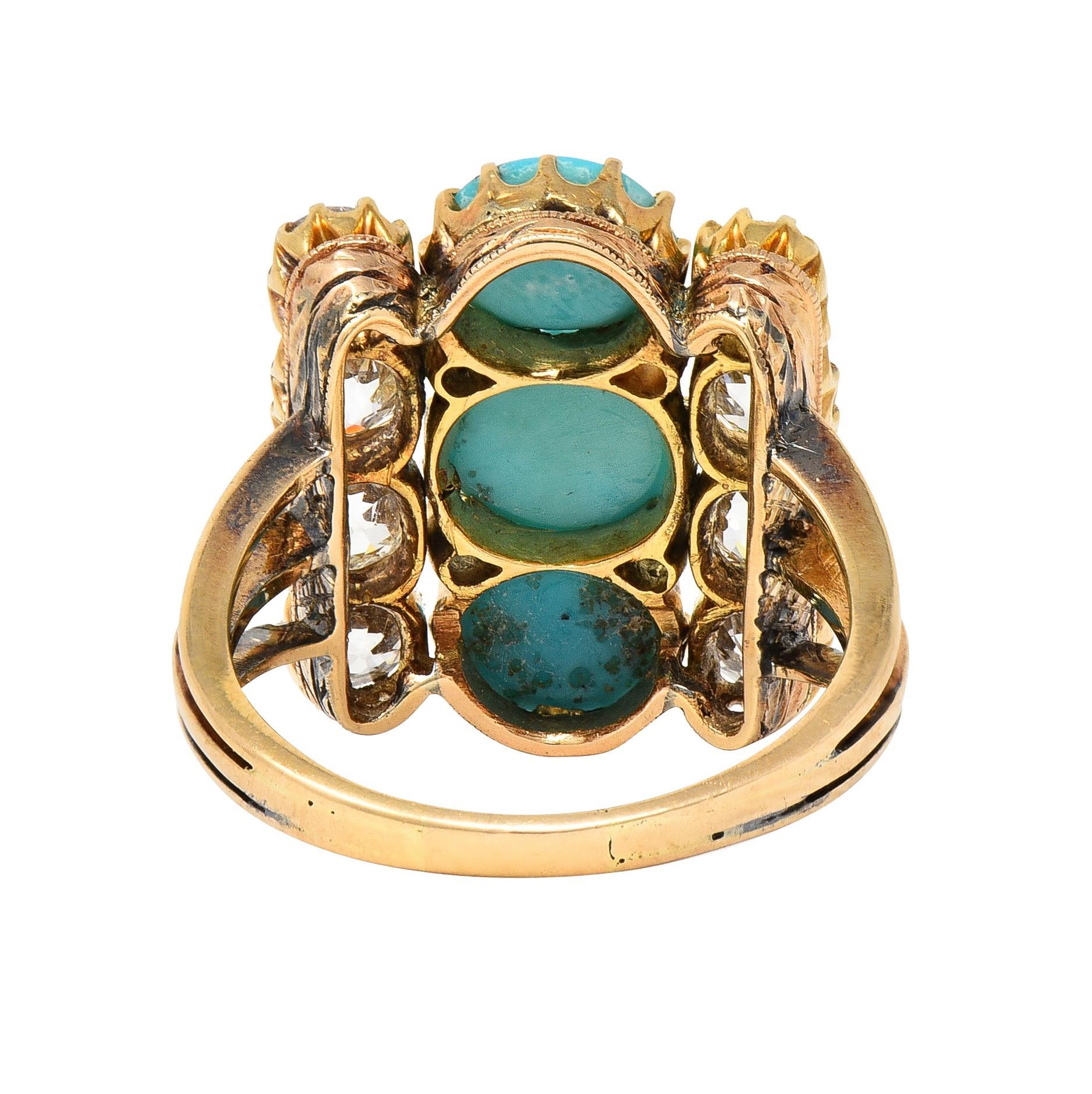 Victorian 2.01 CTW Diamond Turquoise 18 Karat Yellow Gold Antique Dinner Ring In Excellent Condition For Sale In Philadelphia, PA