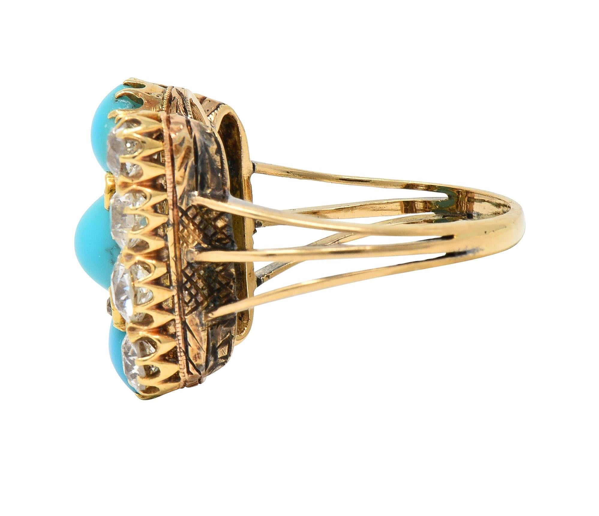 Women's or Men's Victorian 2.01 CTW Diamond Turquoise 18 Karat Yellow Gold Antique Dinner Ring For Sale