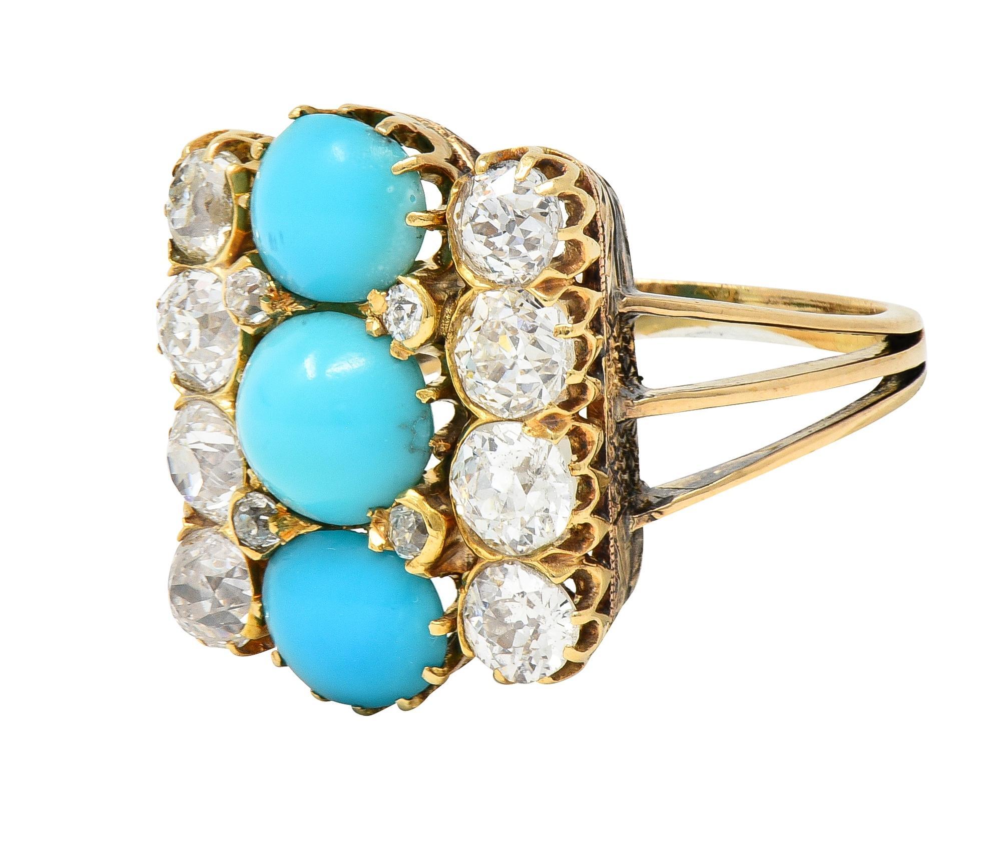 Victorian 2.01 CTW Diamond Turquoise 18 Karat Yellow Gold Antique Dinner Ring For Sale 1