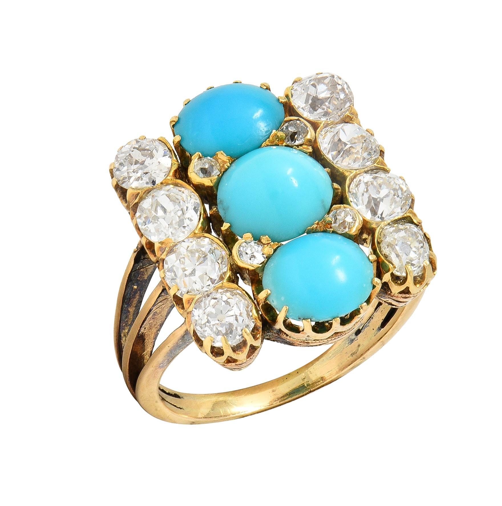 Victorian 2.01 CTW Diamond Turquoise 18 Karat Yellow Gold Antique Dinner Ring For Sale 2