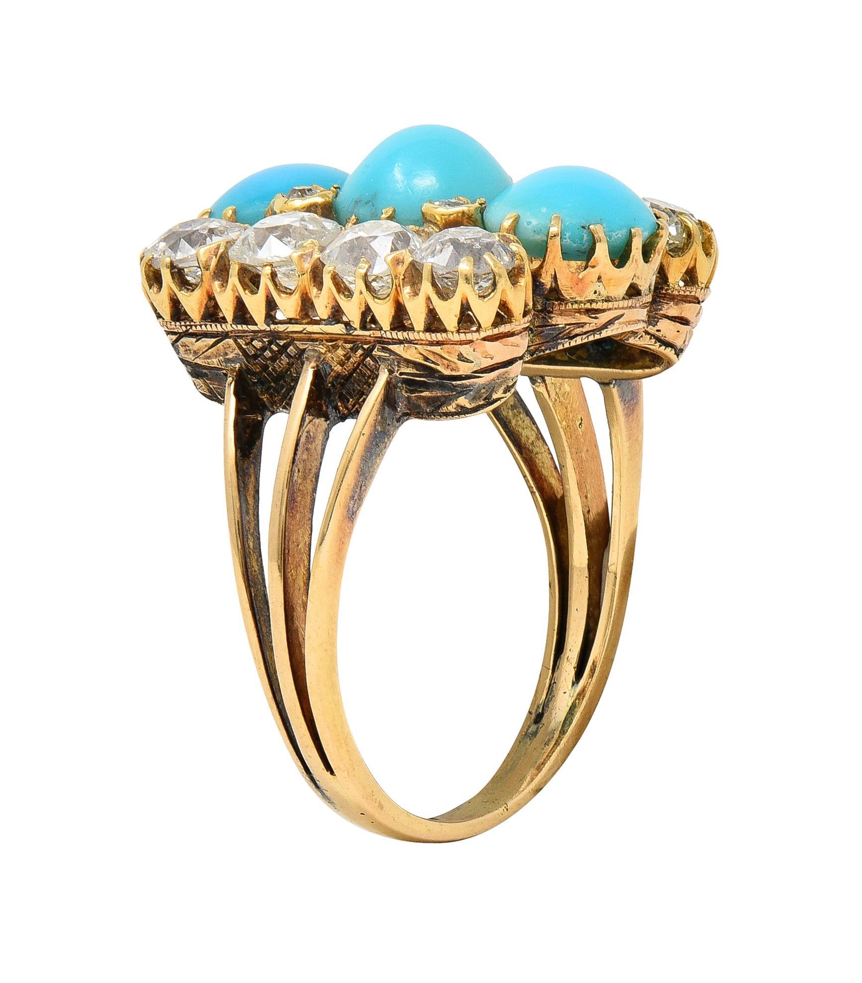 Victorian 2.01 CTW Diamond Turquoise 18 Karat Yellow Gold Antique Dinner Ring For Sale 3