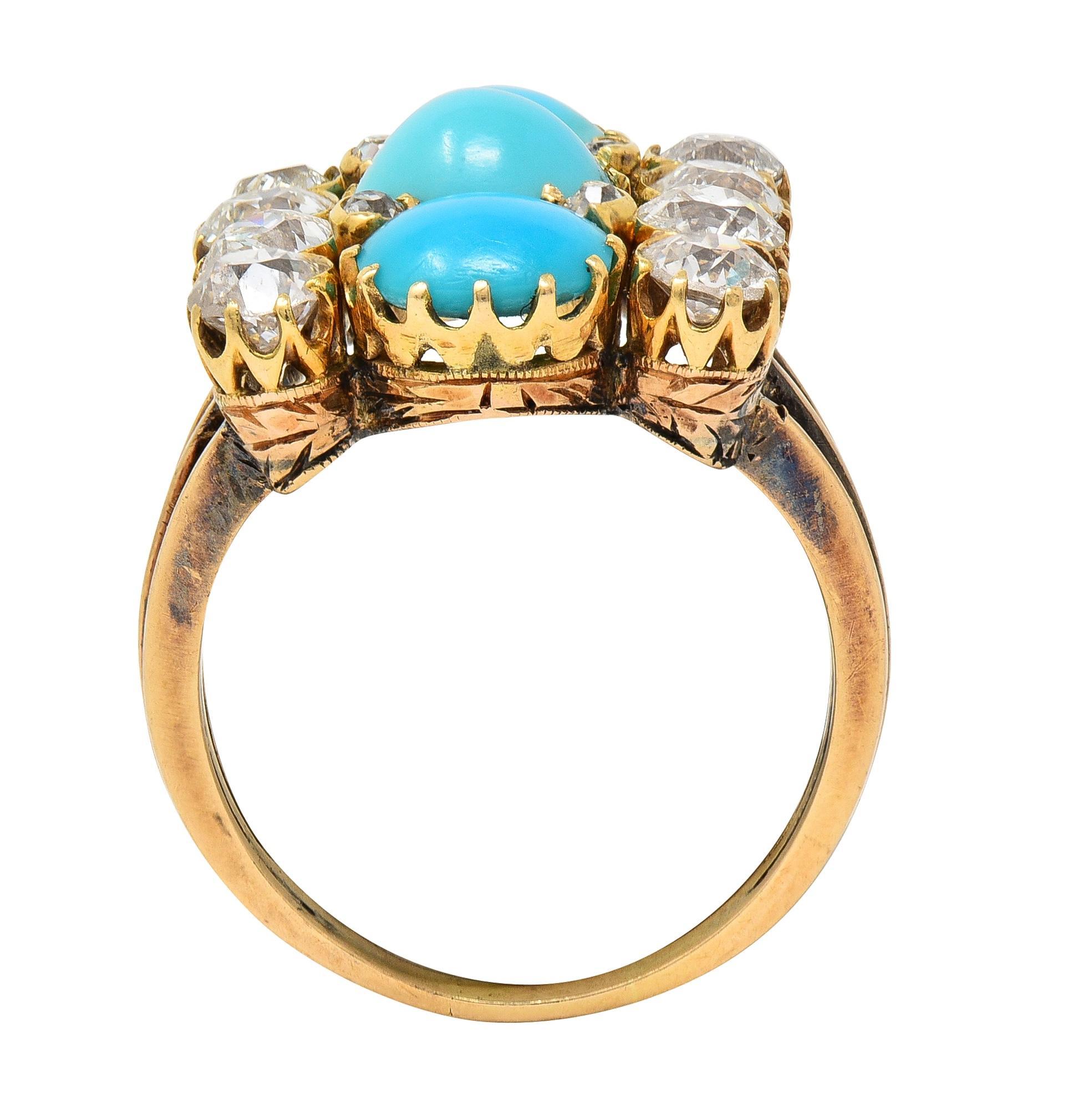 Victorian 2.01 CTW Diamond Turquoise 18 Karat Yellow Gold Antique Dinner Ring For Sale 4