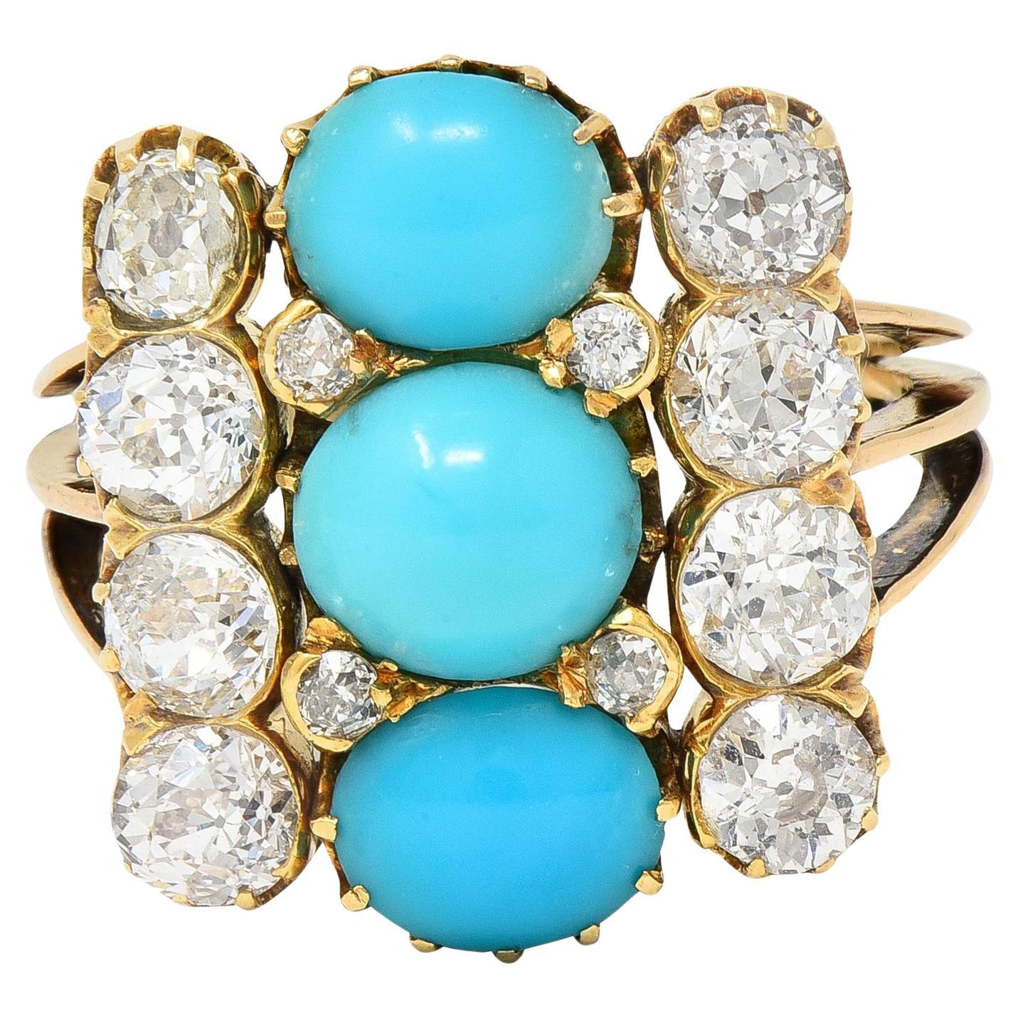 Victorian 2.01 CTW Diamond Turquoise 18 Karat Yellow Gold Antique Dinner Ring For Sale