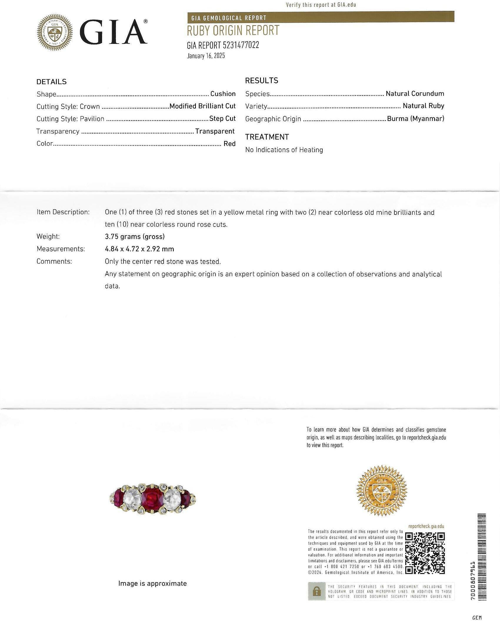 Victorian 2.02 CTW No Heat Burma Ruby Old Mine Cut Diamond 18K Gold Ring GIA For Sale 4