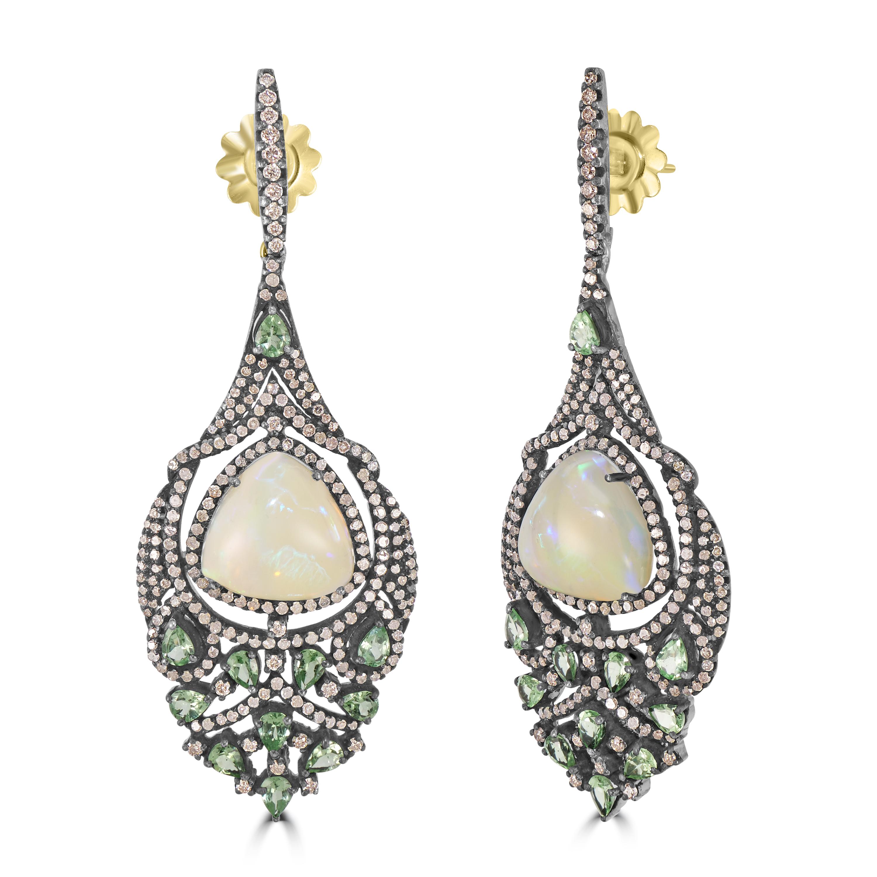 Introducing the resplendent Victorian 20.63 Cttw. Ethiopian Opal, Tsavorite, and Diamond Dangle Earrings—an exquisite dance of color and light that promises to enchant and captivate.

At the heart of these earrings is the mesmerizing Ethiopian opal,