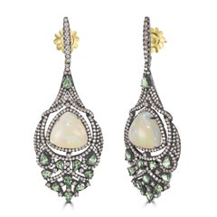 Victorian 20.63 Cttw. Ethiopian Opal, Tsavorite and Diamond Dangle Earrings