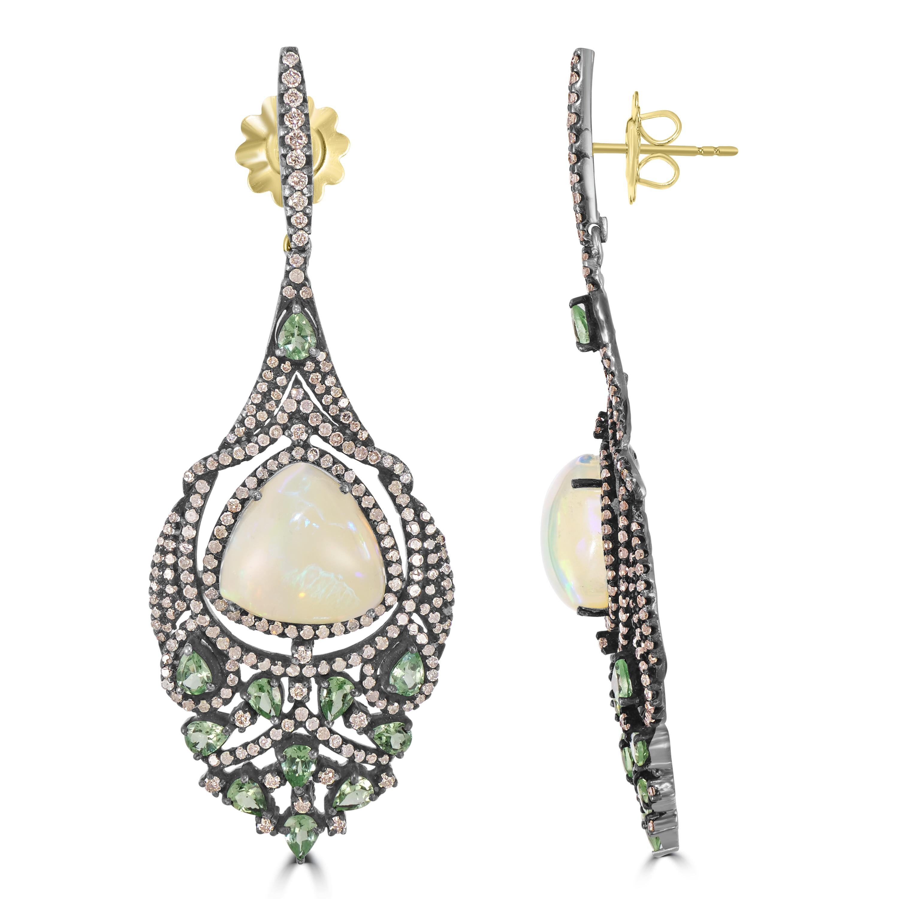 Pear Cut Victorian 20.63 Cttw. Ethiopian Opal, Tsavorite and Diamond Dangle Earrings  For Sale