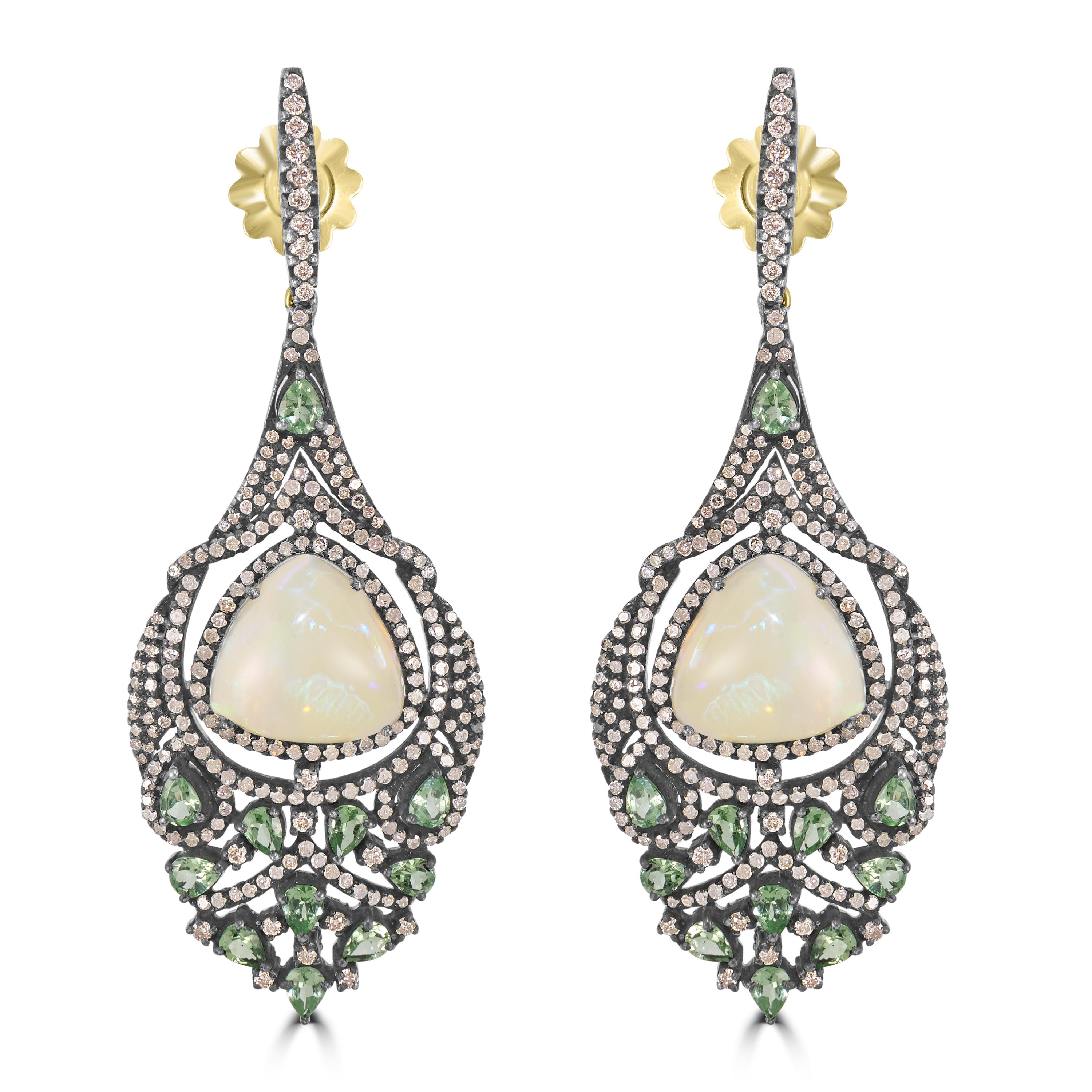 Victorian 20.63 Cttw. Ethiopian Opal, Tsavorite and Diamond Dangle Earrings  In New Condition For Sale In New York, NY
