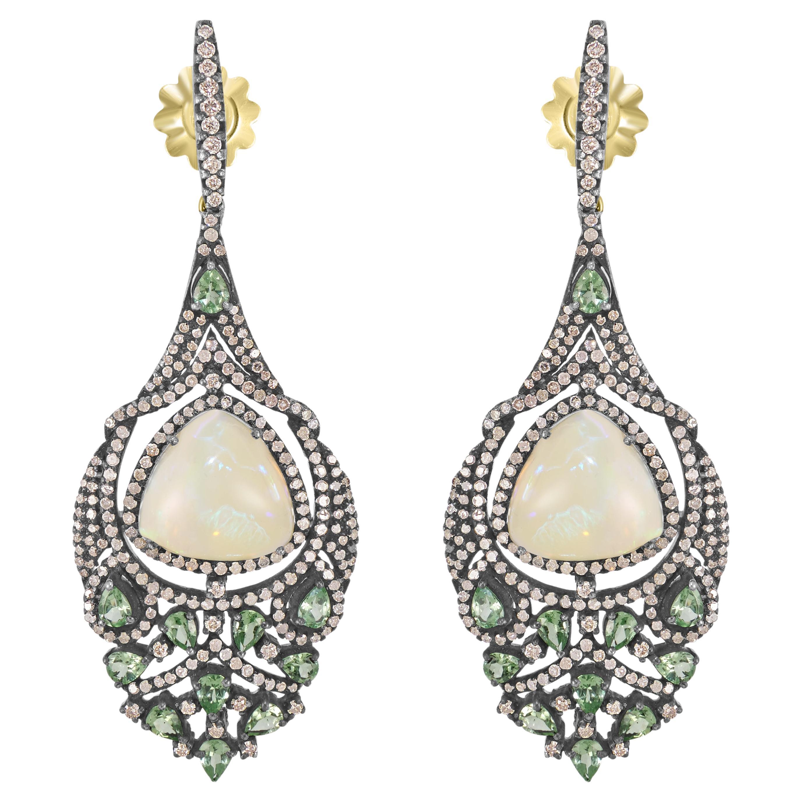 Victorian 20.63 Cttw. Ethiopian Opal, Tsavorite and Diamond Dangle Earrings 