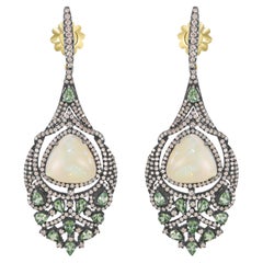 Victorian 20.63 Cttw. Ethiopian Opal, Tsavorite and Diamond Dangle Earrings 