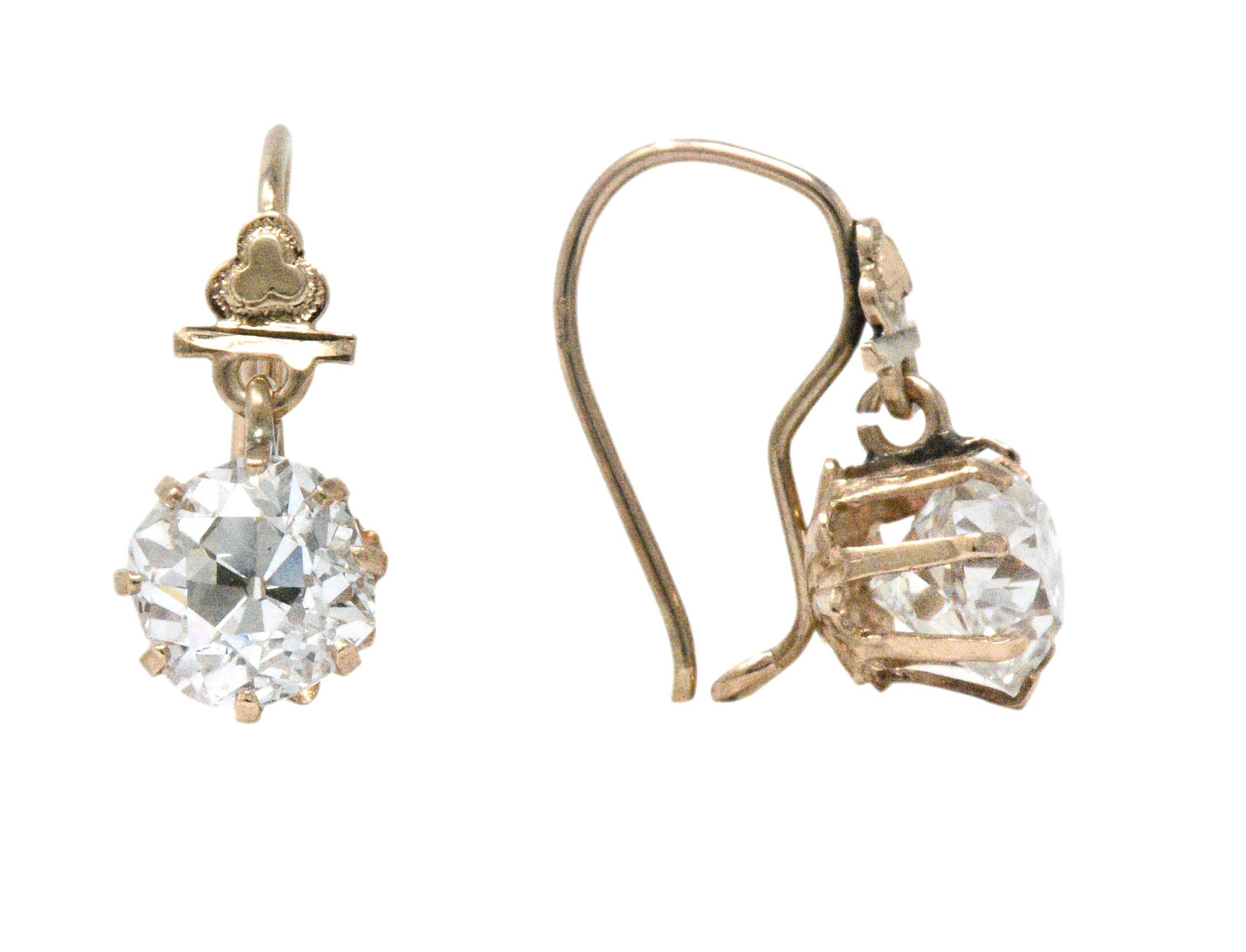 Victorian 2.08 Carat Diamond 10 Karat Rose Gold Drop Earrings GIA In Excellent Condition In Philadelphia, PA
