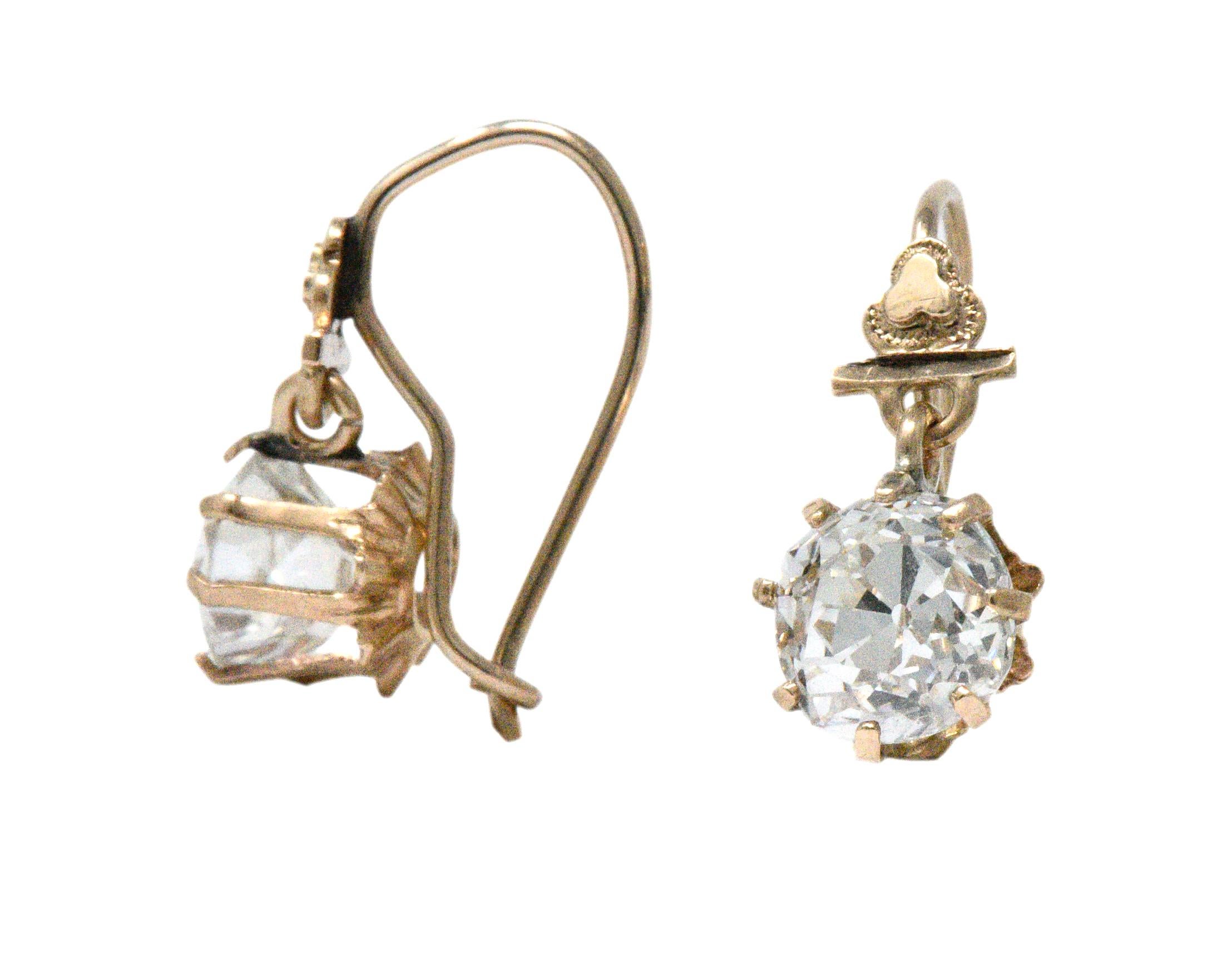 Women's or Men's Victorian 2.08 Carat Diamond 10 Karat Rose Gold Drop Earrings GIA