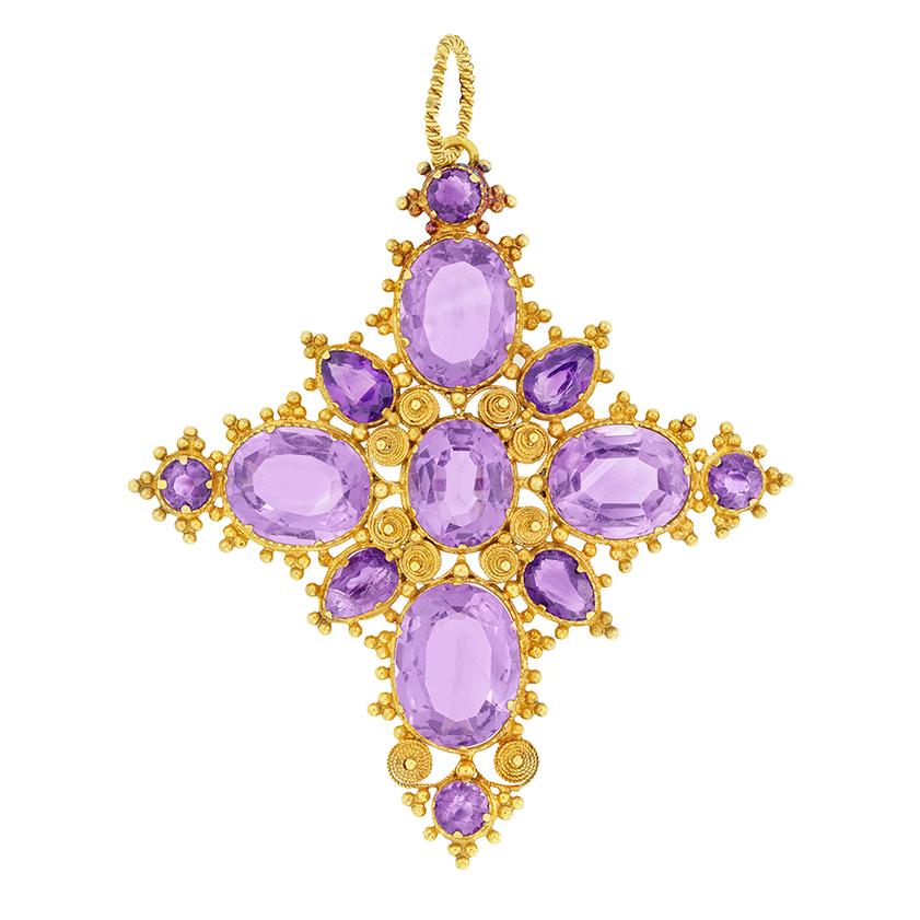 Oval Cut Victorian 20.80ct Amethyst Cross Pendant, c.1880s For Sale