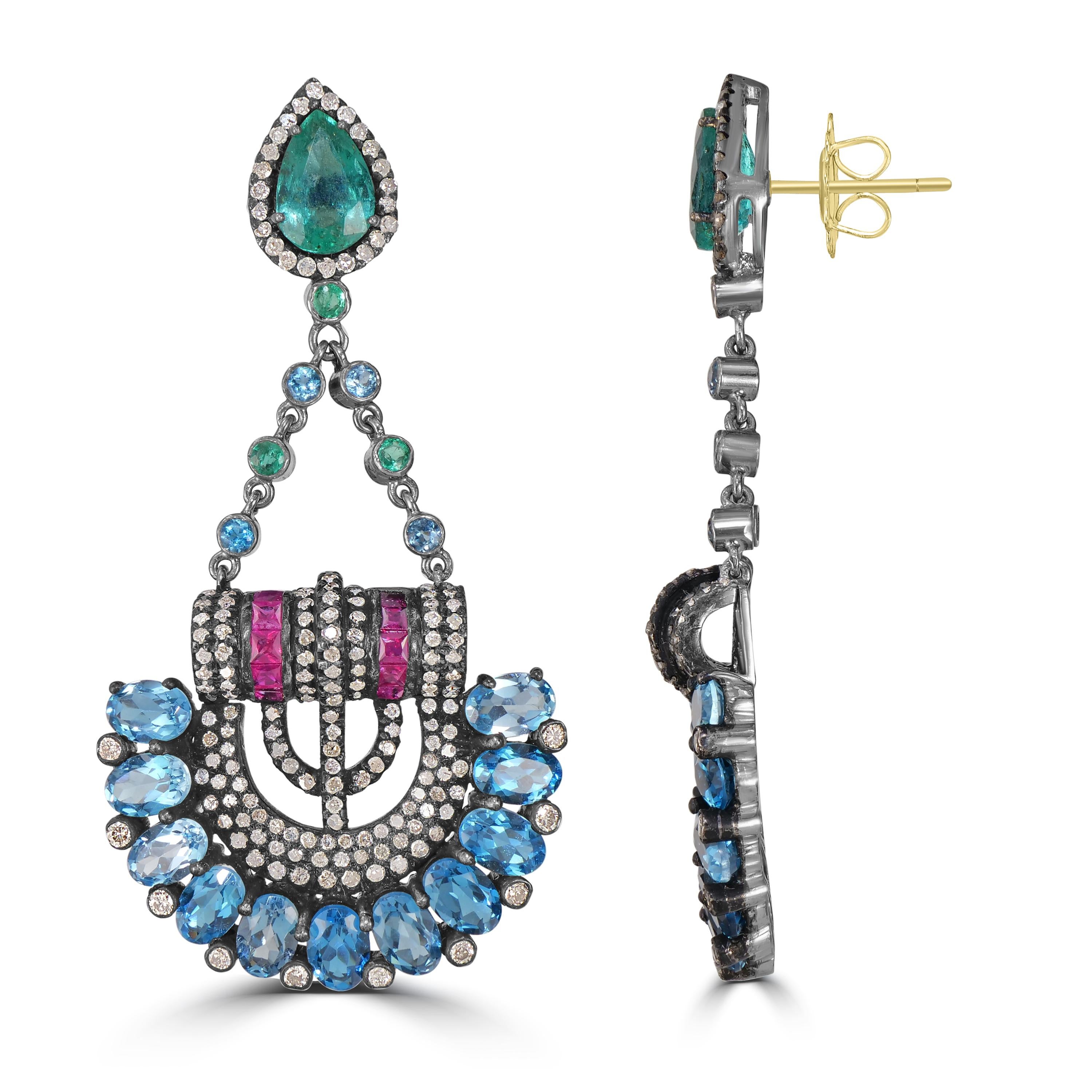 Pear Cut Victorian 20.86 Cttw. Emerald, Ruby, Blue Topaz and Diamond Dangle Earrings  For Sale