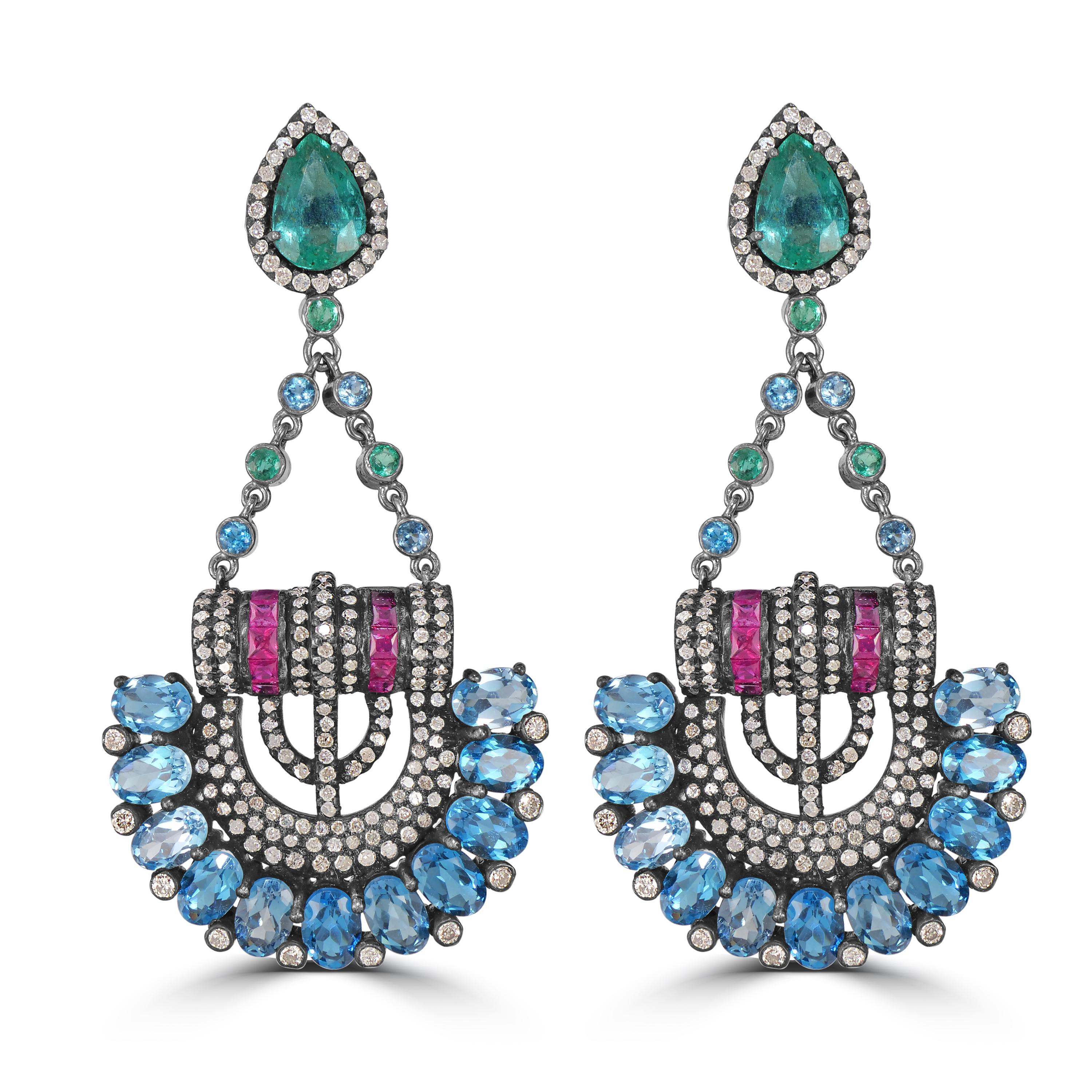 Victorian 20.86 Cttw. Emerald, Ruby, Blue Topaz and Diamond Dangle Earrings  In New Condition For Sale In New York, NY