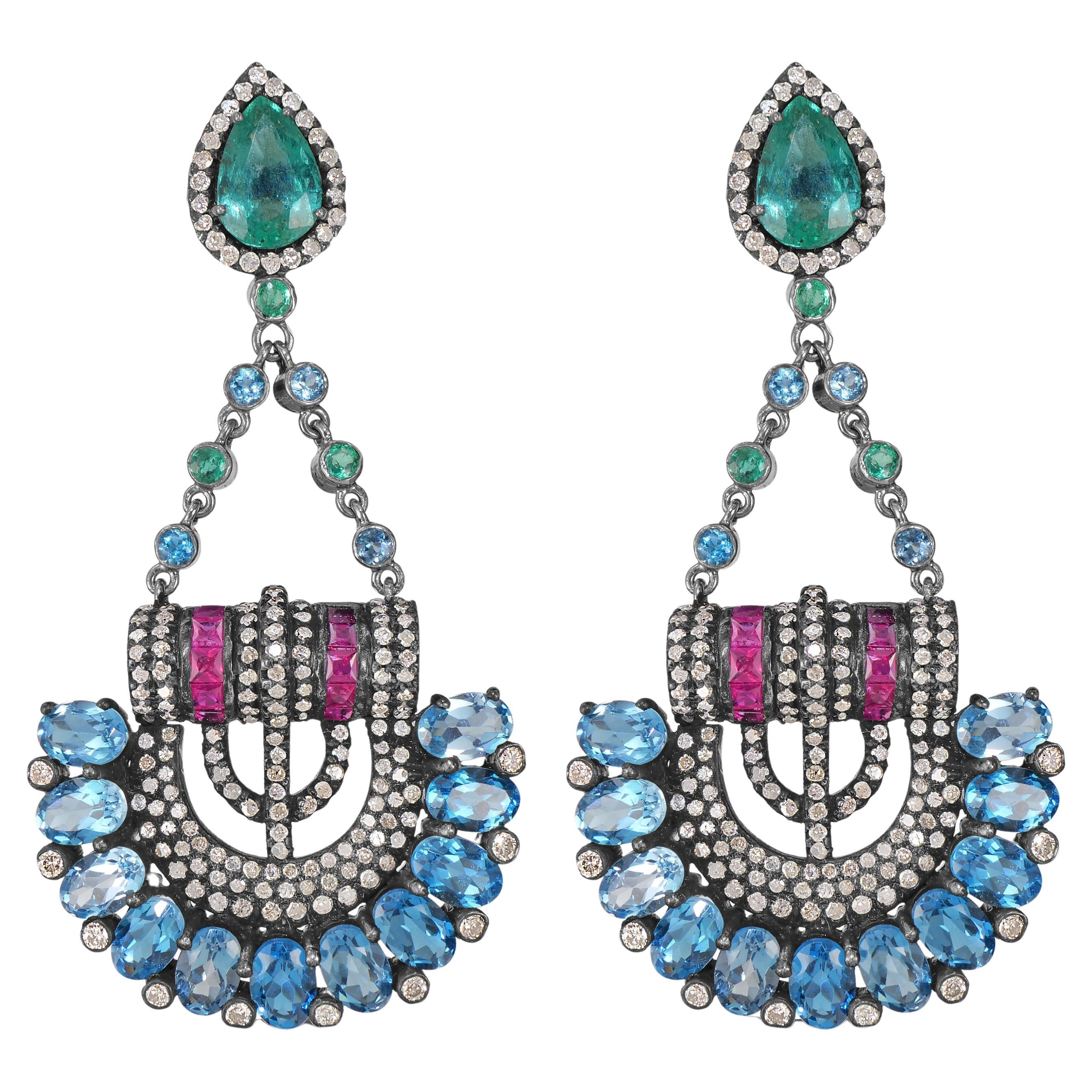 Victorian 20.86 Cttw. Emerald, Ruby, Blue Topaz and Diamond Dangle Earrings  For Sale