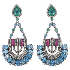 Victorian 20.86 Cttw. Emerald, Ruby, Blue Topaz and Diamond Dangle Earrings 