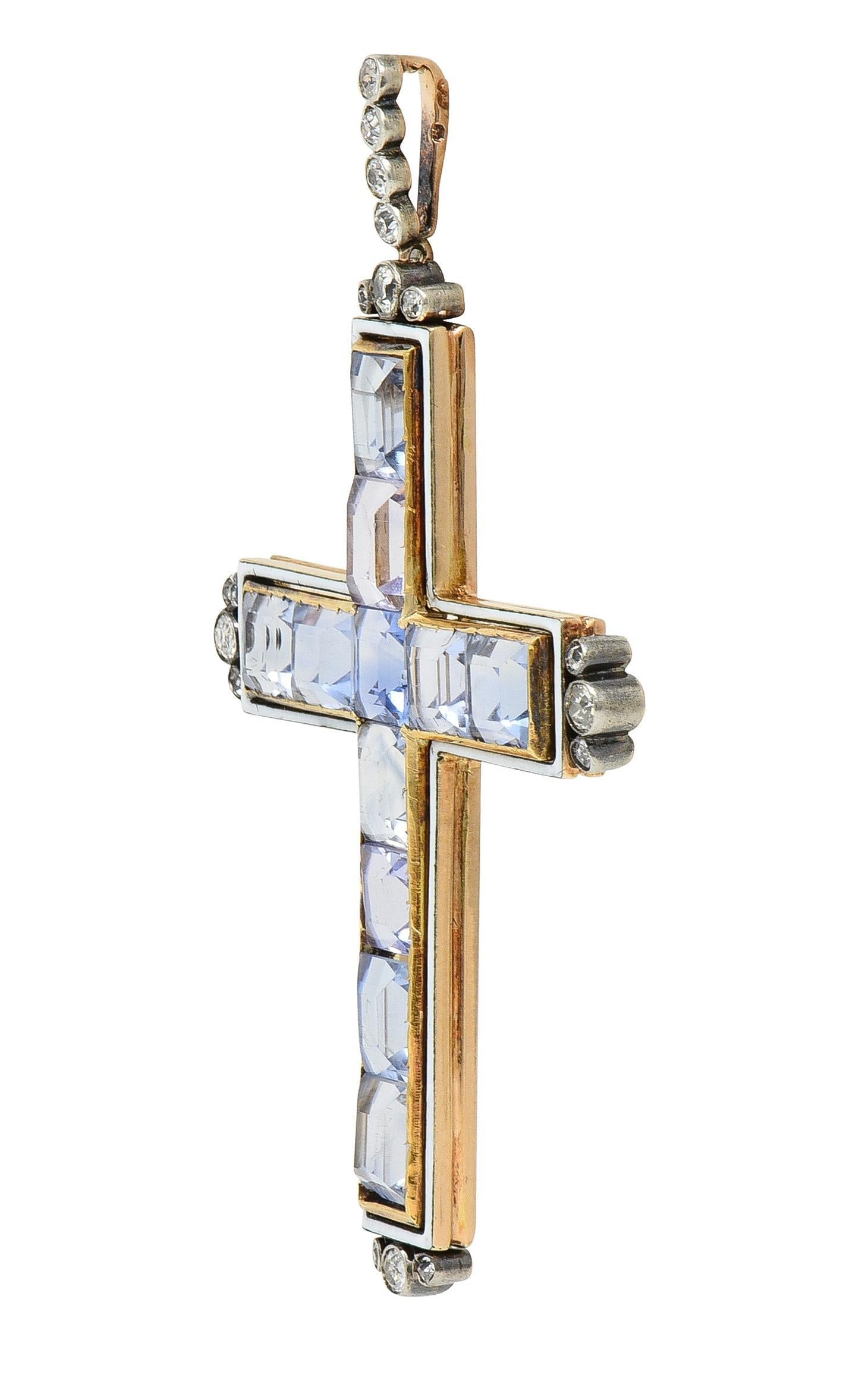 Victorian 20.87 CTW Sapphire Diamond Enamel Silver 14 Karat Gold Cross Pendant In Excellent Condition In Philadelphia, PA
