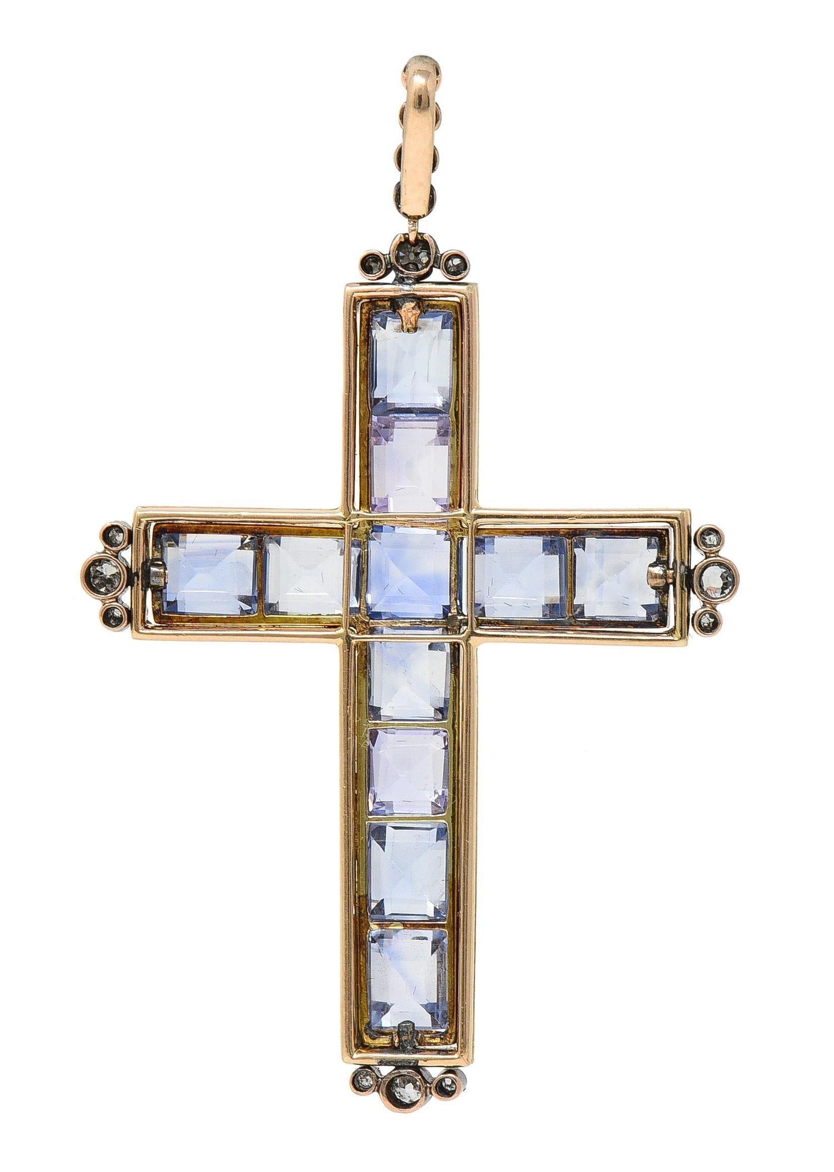 Victorian 20.87 CTW Sapphire Diamond Enamel Silver 14 Karat Gold Cross Pendant In Excellent Condition For Sale In Philadelphia, PA