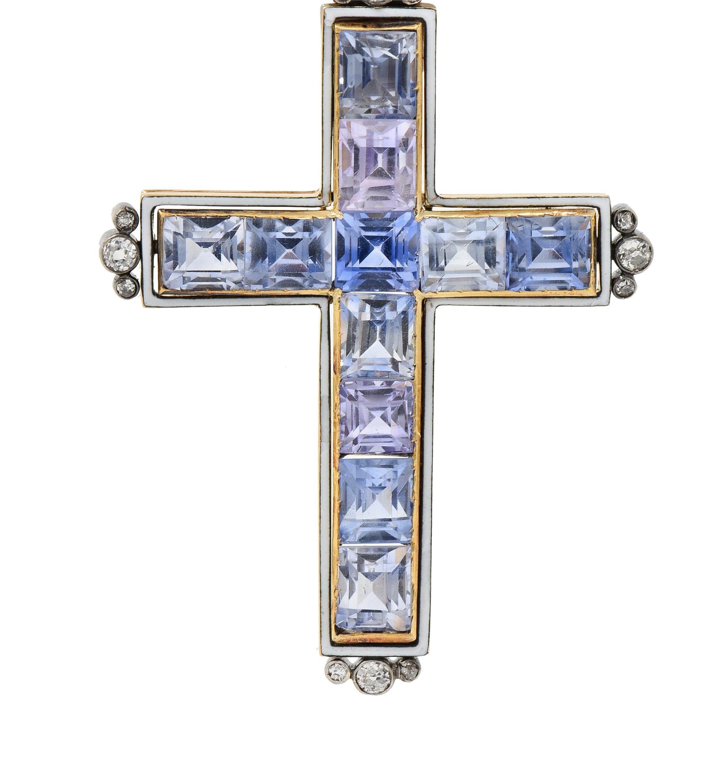 Victorian 20.87 CTW Sapphire Diamond Enamel Silver 14 Karat Gold Cross Pendant For Sale 1